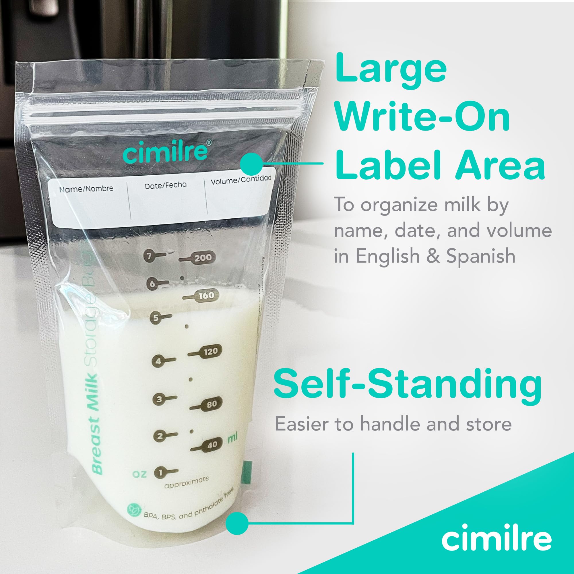 Cimilre Breast Milk Storage Bags - 100 Pack (7 oz) Leak-Proof, BPA-Free for Safe Breastmilk Storage - Freeze Flat or Stand Upright - Perfect for Pumping, Travel & Long-Term Freezing