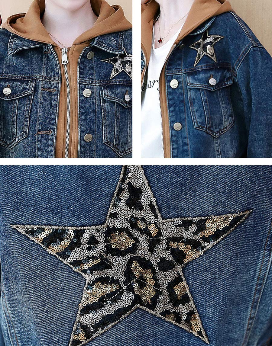 Ebossy Women's Distressed Sequin Star Denim Jacket - Cropped Hooded Jean Jacket for Casual Outfits & Night Out