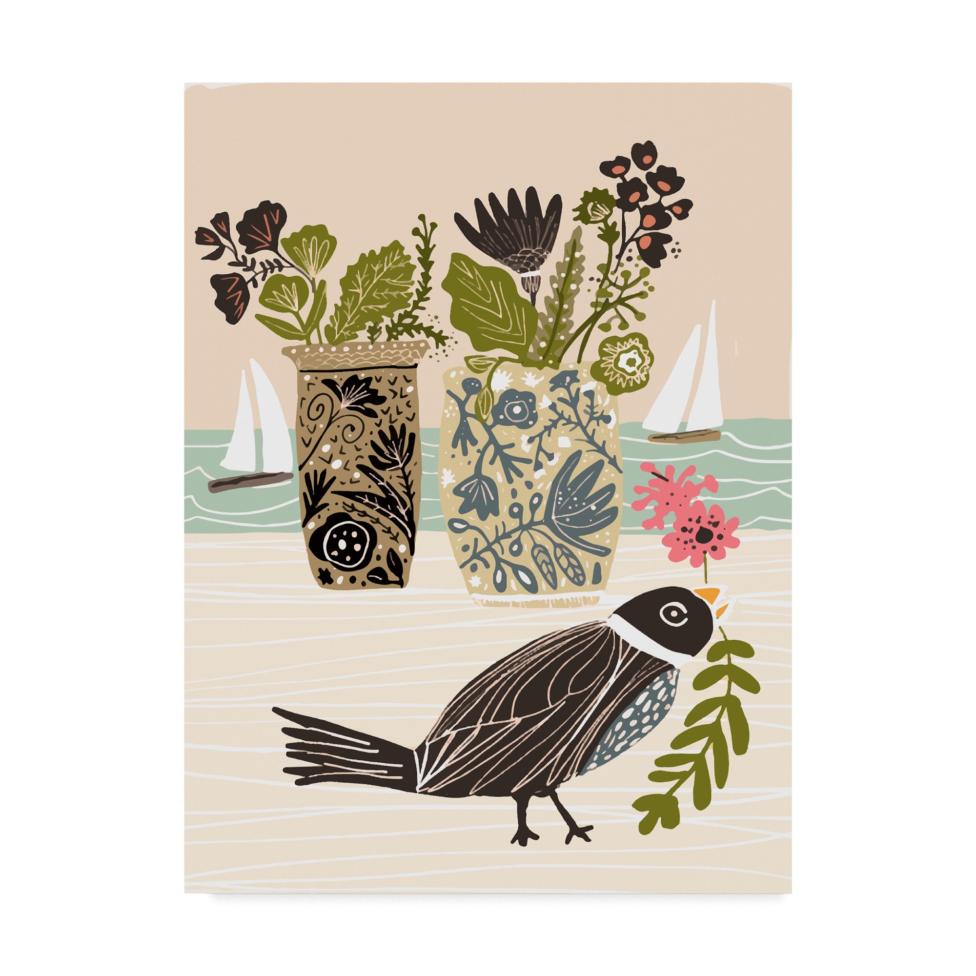 Karen Fields Bird With Vases Wall Art - 18x24 Inch Canvas Print - Home Decor for Living Room, Bedroom & Office