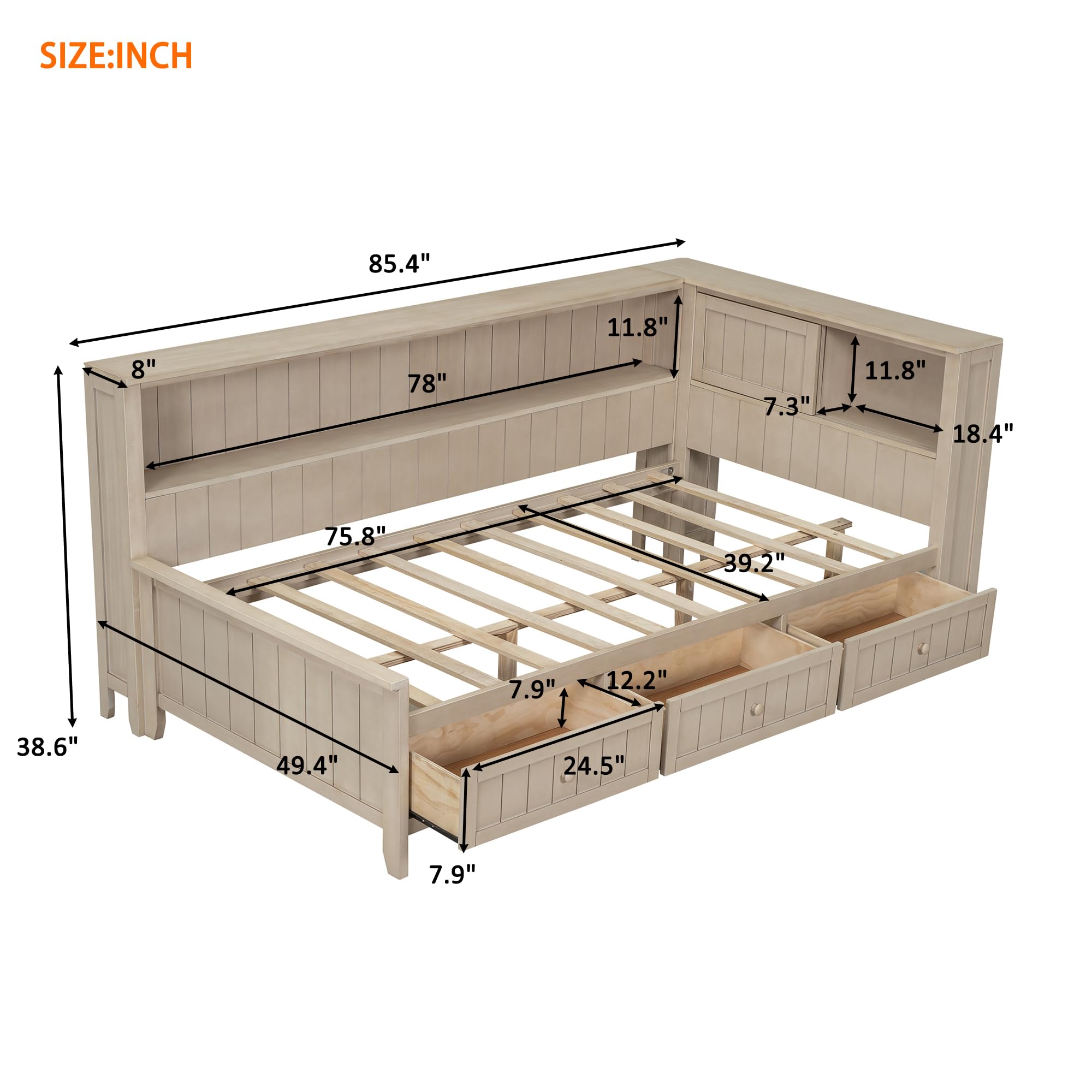 HABITRIO Twin Size Daybed Frame with Storage Shelves & 3 Drawers - Solid Wood Platform Bed with Antique White Finish - Perfect for Guest Rooms, Kids' Bedrooms & Small Spaces