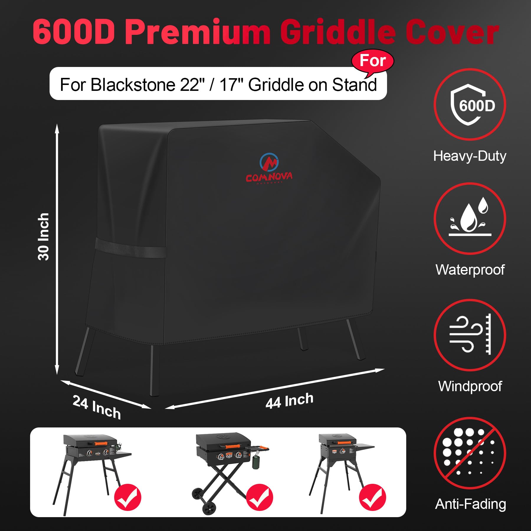 Heavy Duty 600D Waterproof Blackstone Griddle Cover for 22 Inch & 17 Inch Flat Top Grill - Fits Stand Models with Hood - Perfect for Outdoor Cooking, Camping, and Backyard BBQs