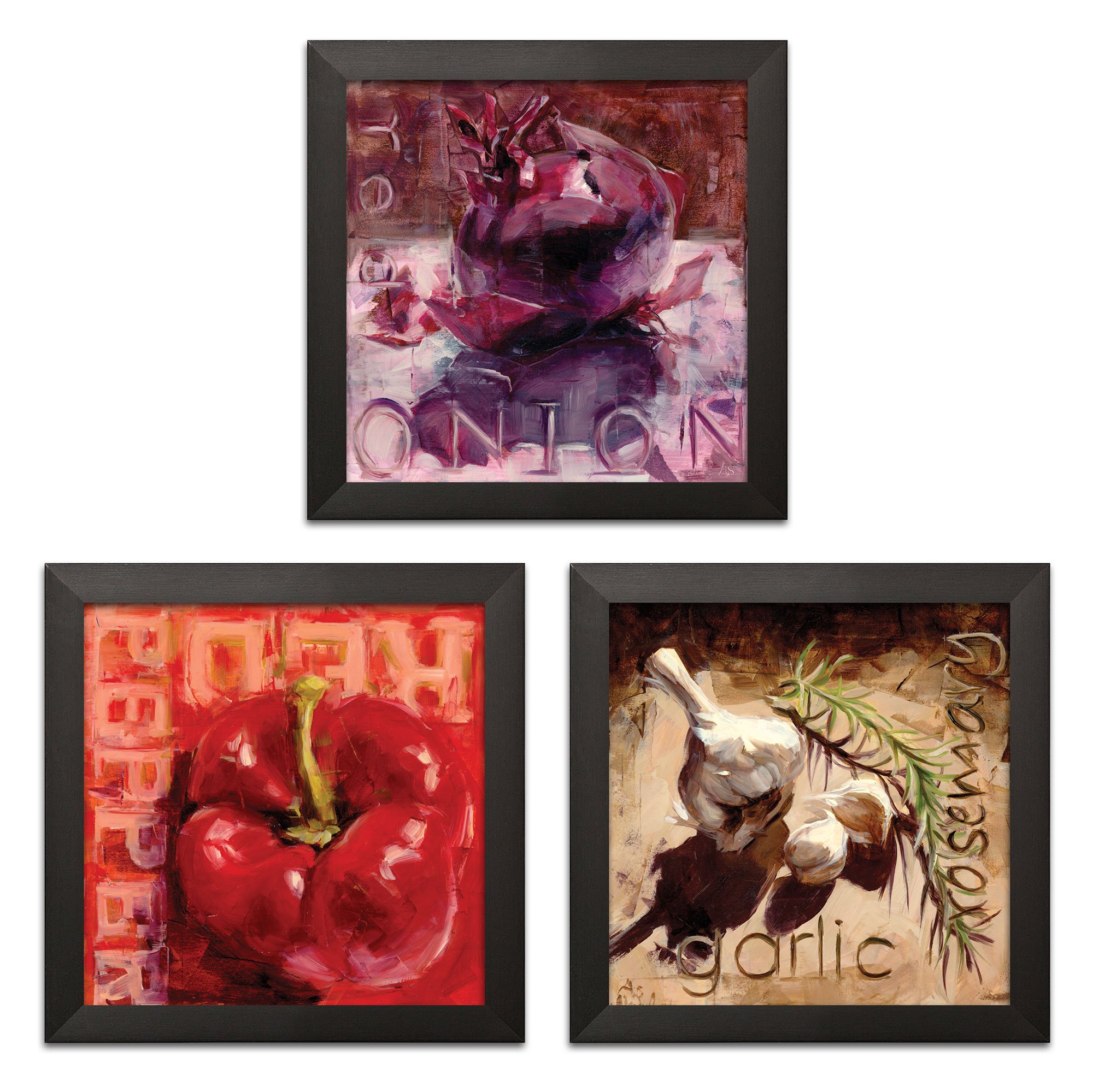 Modern Red Pepper, Red Onion, Garlic & Rosemary Framed Art Prints - Set of 3 (12x12 Inches, Black Frame) - Ready to Hang - Kitchen Wall Decor, Dining Room Art, Home Decor Gift