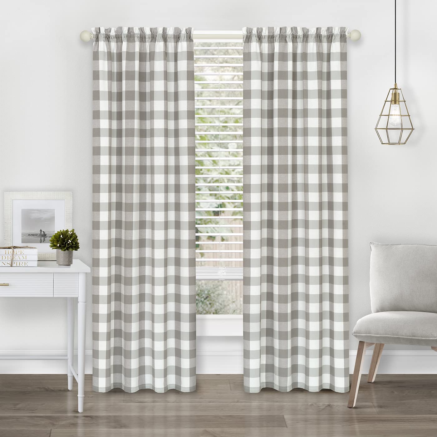 2-Pack Semi Sheer Checkered Curtains - Rustic Farmhouse Gingham Window Panels for Bedroom, Living Room & Kitchen, 42