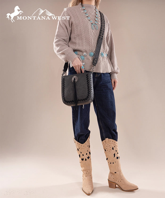 Montana West Genuine Leather Tooled Whipstitch Crossbody Purse for Women - Stylish Handbag for Everyday Use, Travel & Shopping