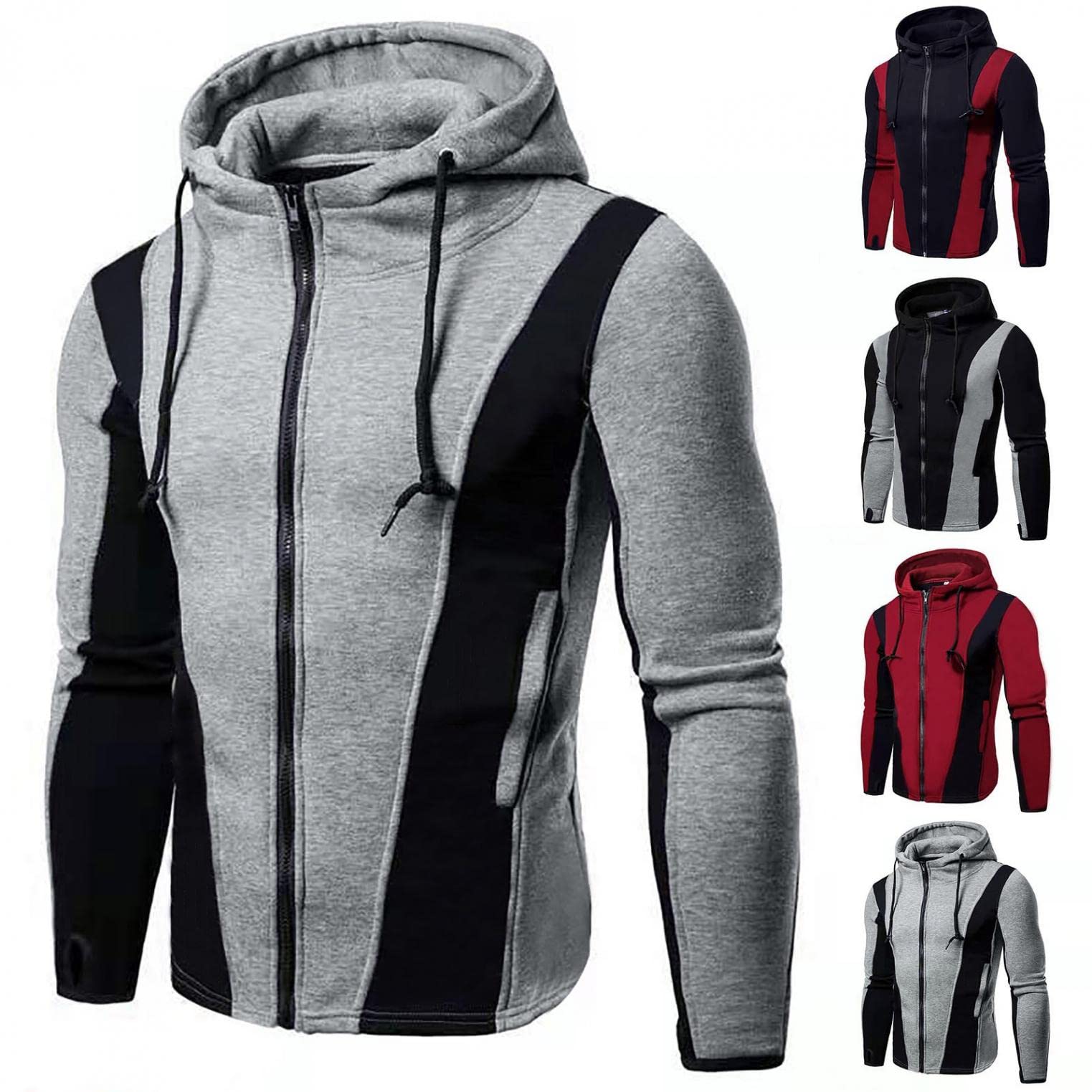 Men's Color Block Zip-Up Fleece Hoodie with Pockets - Warm Long Sleeve Sweatshirt for Casual Wear, Outdoor Activities & Gym Workouts