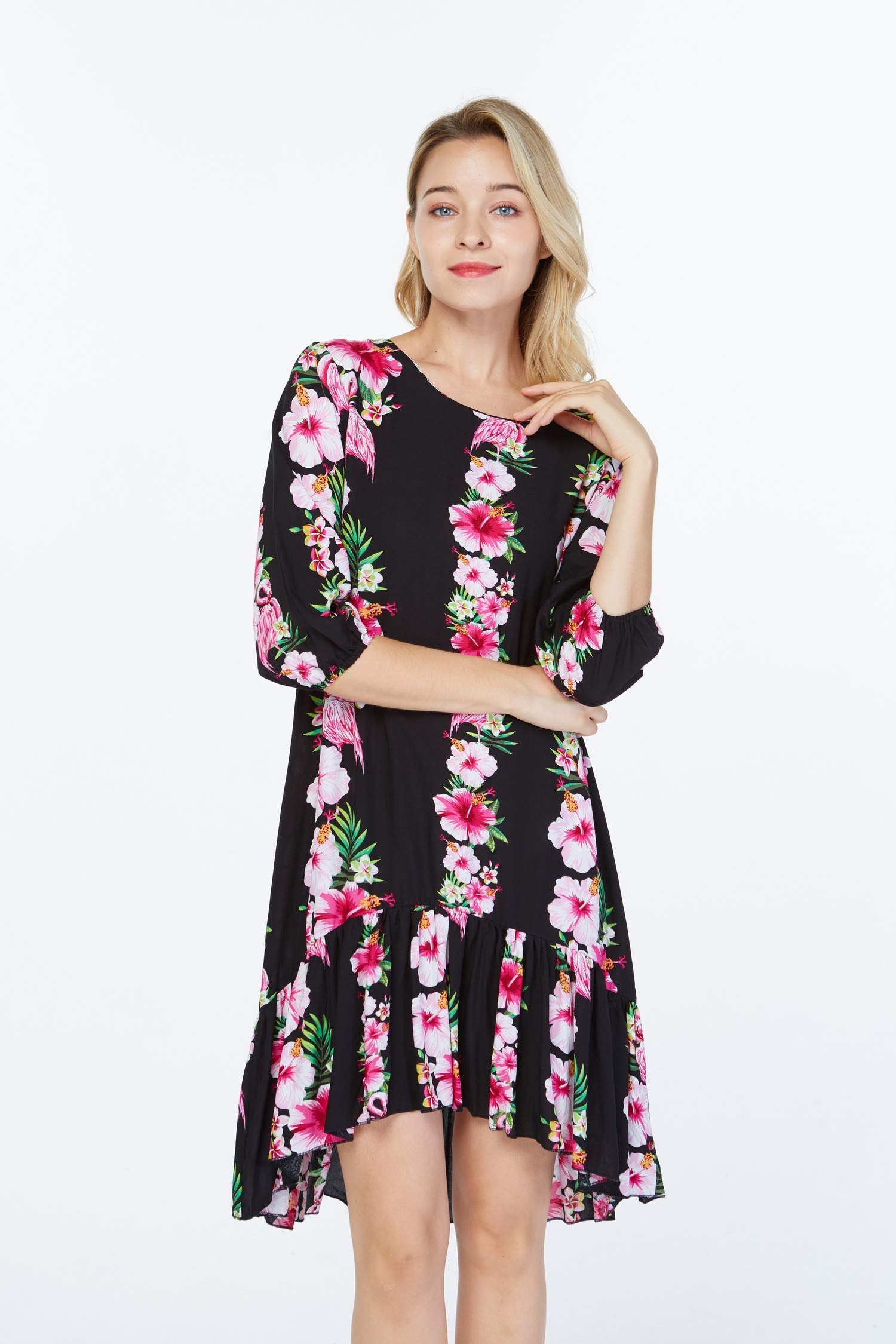 Women's Hawaiian 3/4 Sleeve Mermaid Ruffle Tunic Dress - Pink Hibiscus Print Floral Beach Dress for Summer Vacation & Tropical Party Wear