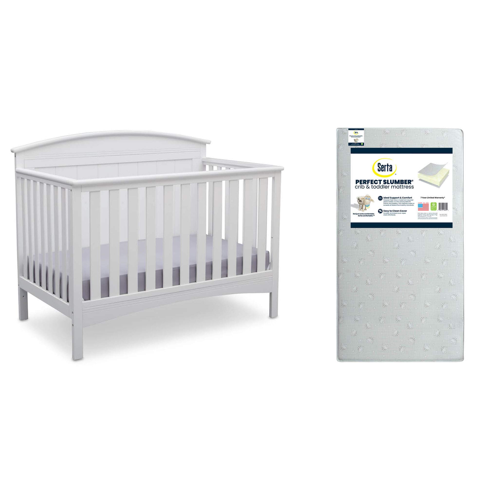 Delta Children Archer 4-in-1 Convertible Crib with Serta Perfect Slumber Dual-Sided Mattress - Bianca White | Nursery Bedroom Furniture for Baby & Toddler | Eco-Friendly Recycled Fiber Core Mattress | Crib to Toddler Bed Conversion