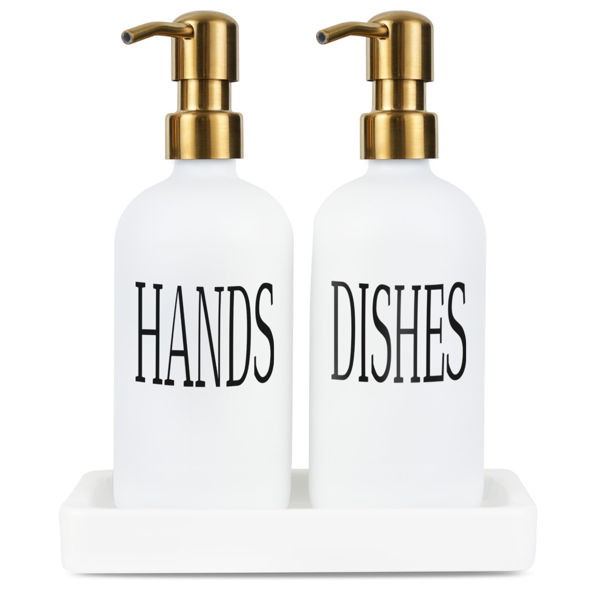 Premium Emerson Soap Dispenser Set - 16oz Glass Kitchen & Bathroom Soap Dispenser with Tray | Dish Soap Dispenser for Sink | Hand Soap Dispenser for Bathroom & Kitchen | 2-Pack with Elegant Storage Tray | Perfect for Modern Homes, Restaurants & Hotels