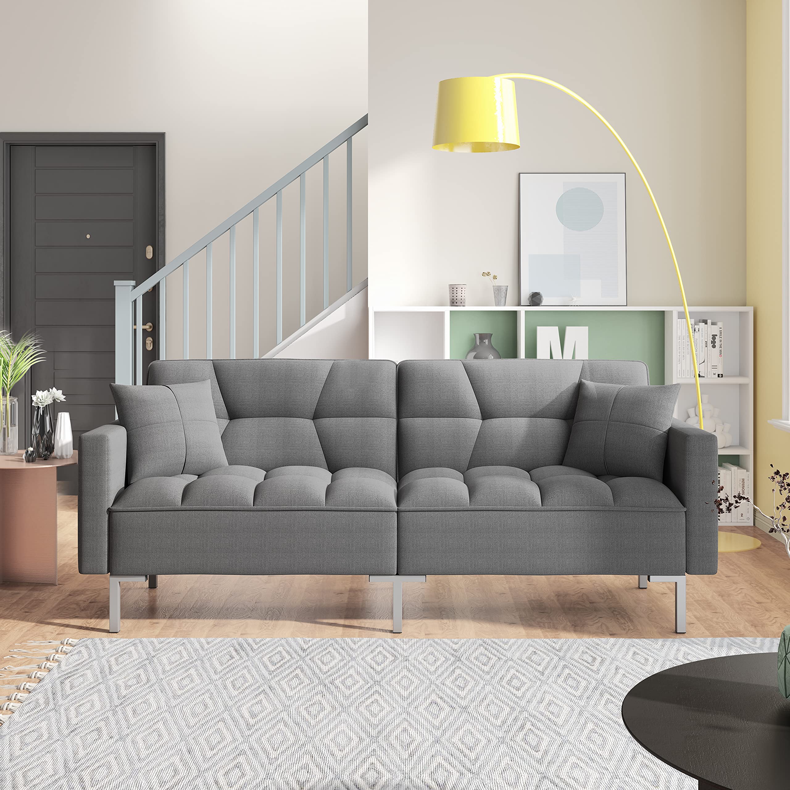 JULYFOX 3-Position Recliner Futon Sofa Bed - Convertible Sleeper Loveseat with Tufted Upholstery, Square Armrests & 2 Throw Pillows - Heavy Duty Dark Gray Fabric Couch for Small Spaces, Guest Room & Apartment Living