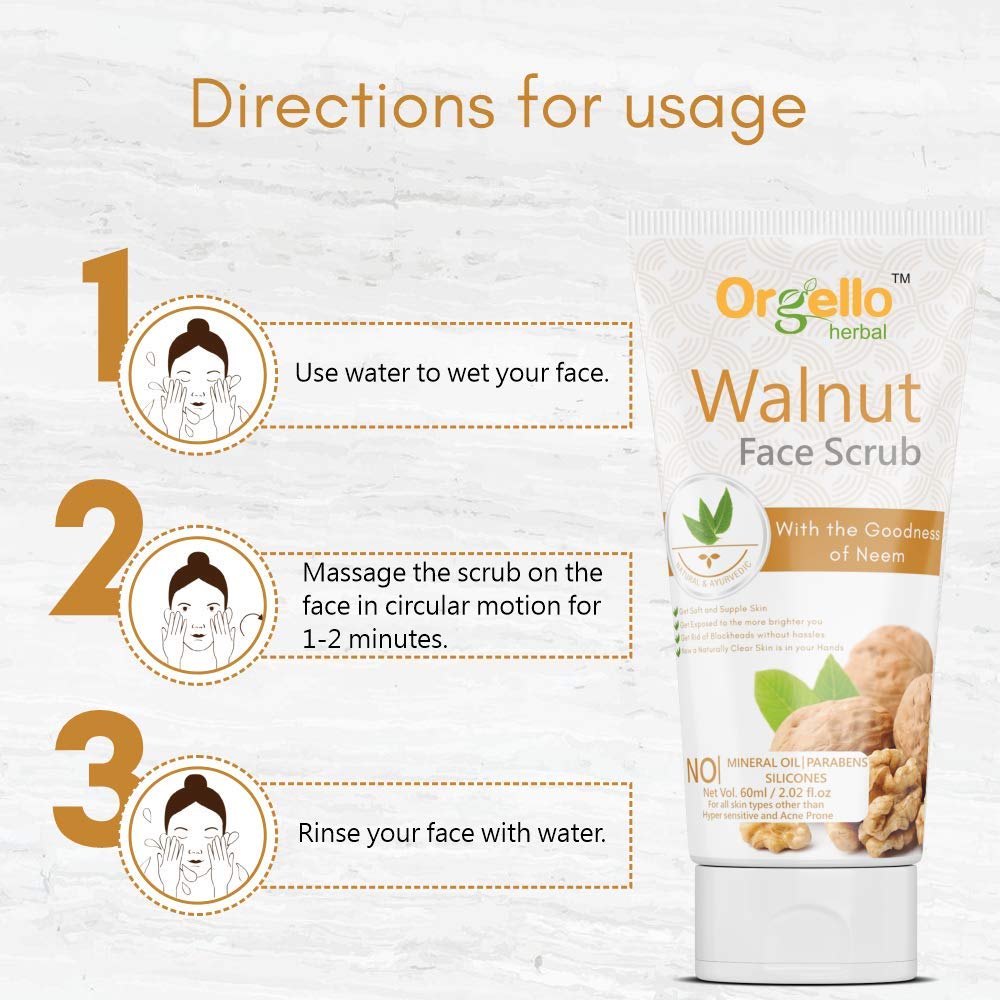 Orgello Herbal Walnut Scrub 60g (Pack of 2) - Natural Face & Body Exfoliator for Men & Women - SLS, Paraben & Mineral Oil Free - Ideal for Normal, Oily & Dry Skin - Perfect for Daily Skincare Routine & Spa Treatment at Home