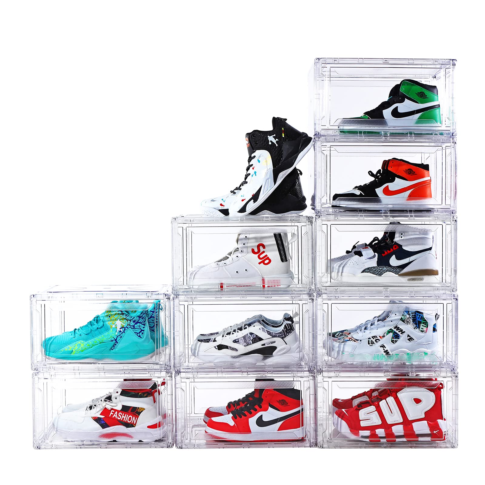 10 Pack Clear Stackable Acrylic Shoe Boxes - Large Shoe Organizer for Men & Women (Fits Up to Size 14) - Space Saving Foldable Shoe Storage Containers for Closet, Bedroom & Entryway Organization