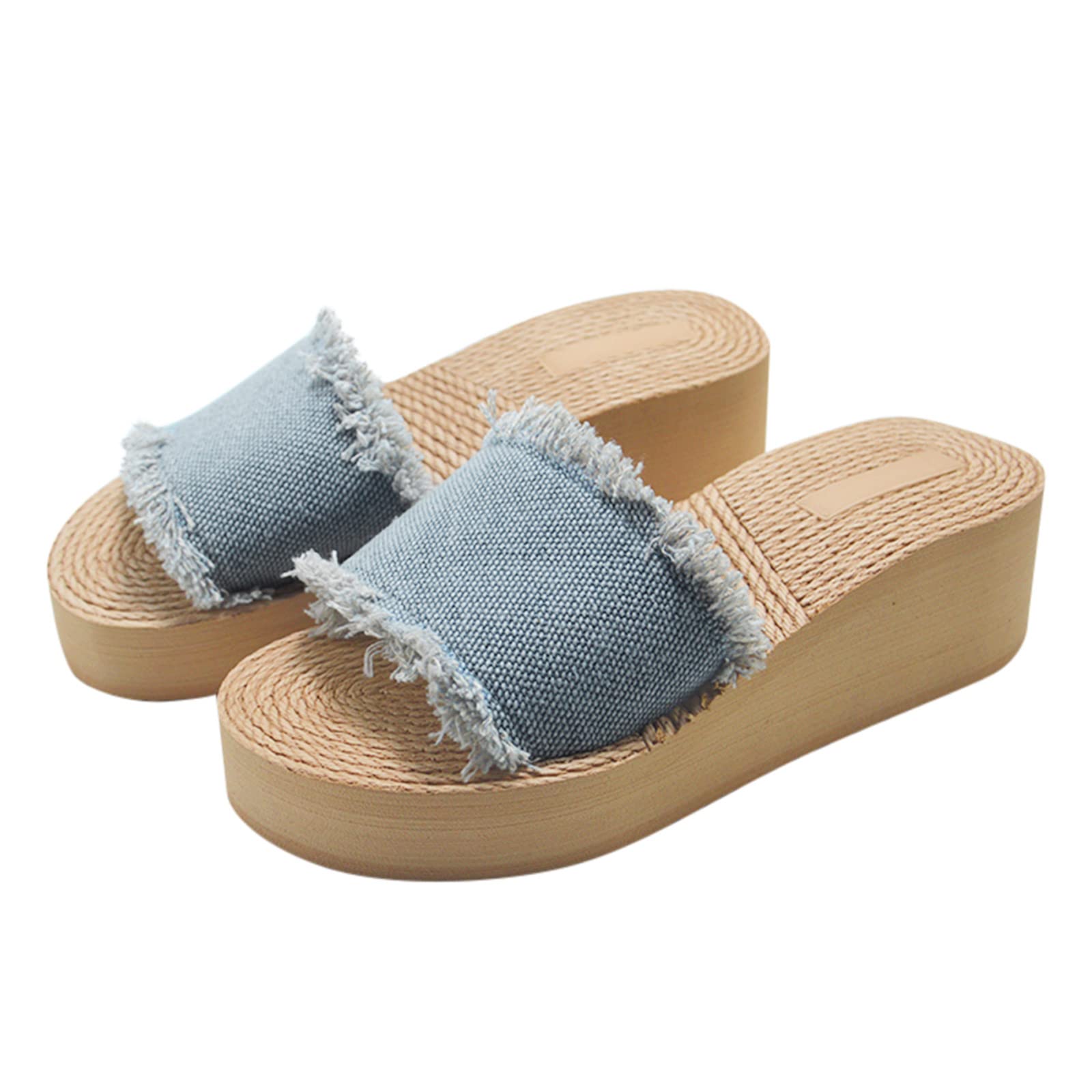 **Potton Women's Blue Denim Wedge Sandals - Slip-On Beach Linen Slide Shoes for Summer, Casual Outings & Vacation**