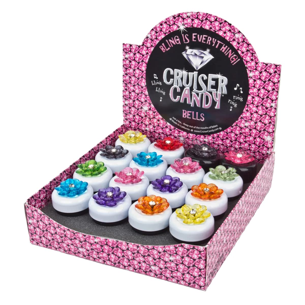 Cruiser Candy Bling It Bells - 16-Pack Assorted Flower Design Bike Bells for Kids & Adults - Perfect for Bicycles, Scooters & Skateboards