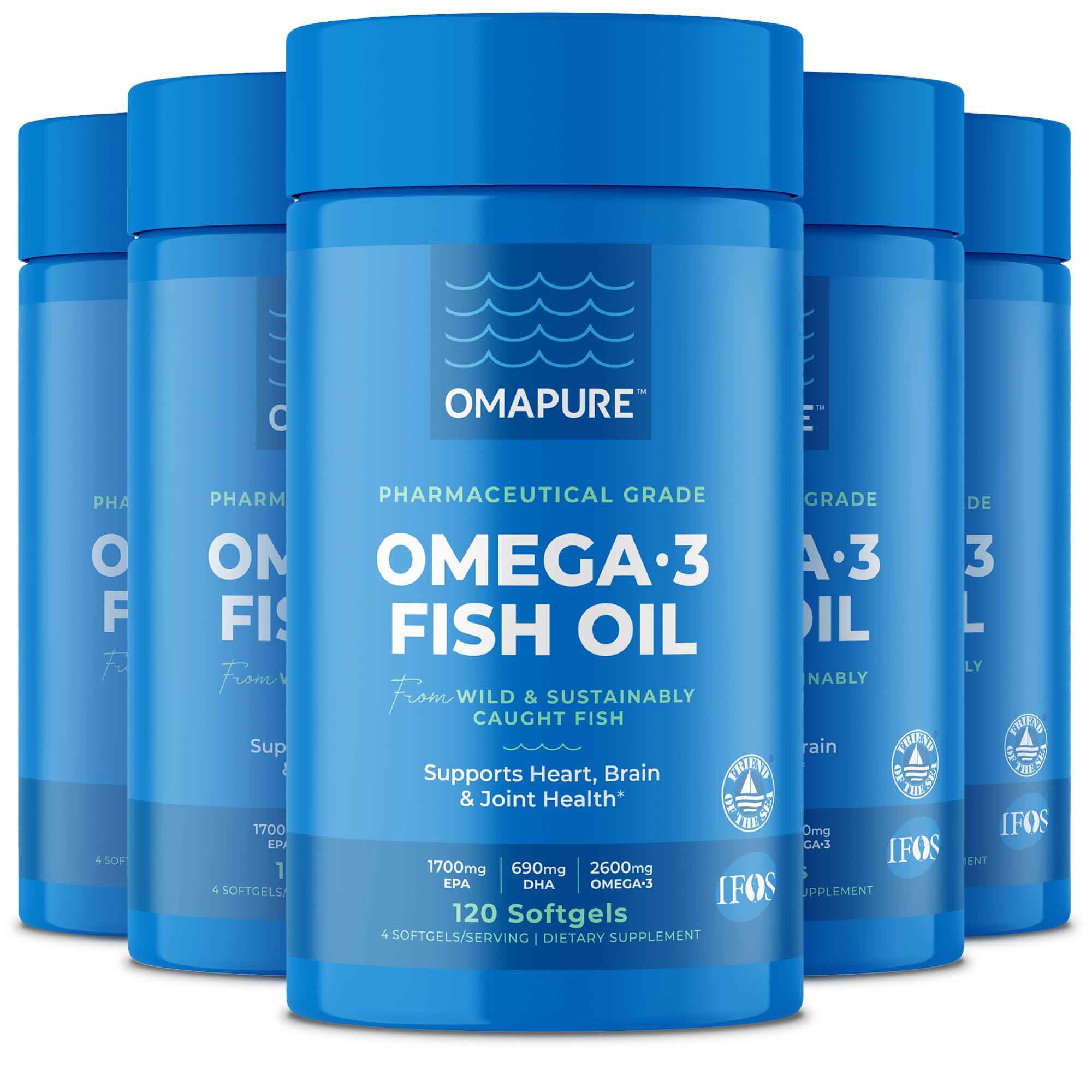 Premium Omega 3 Fish Oil Supplements - 120 Softgels (5 Bottles) - High EPA & DHA for Heart, Brain & Joint Health - IFOS Certified, Burpless Formula - Supports Cognitive Function & Cardiovascular Wellness - Ideal for Daily Wellness Routine & Active Lifestyle