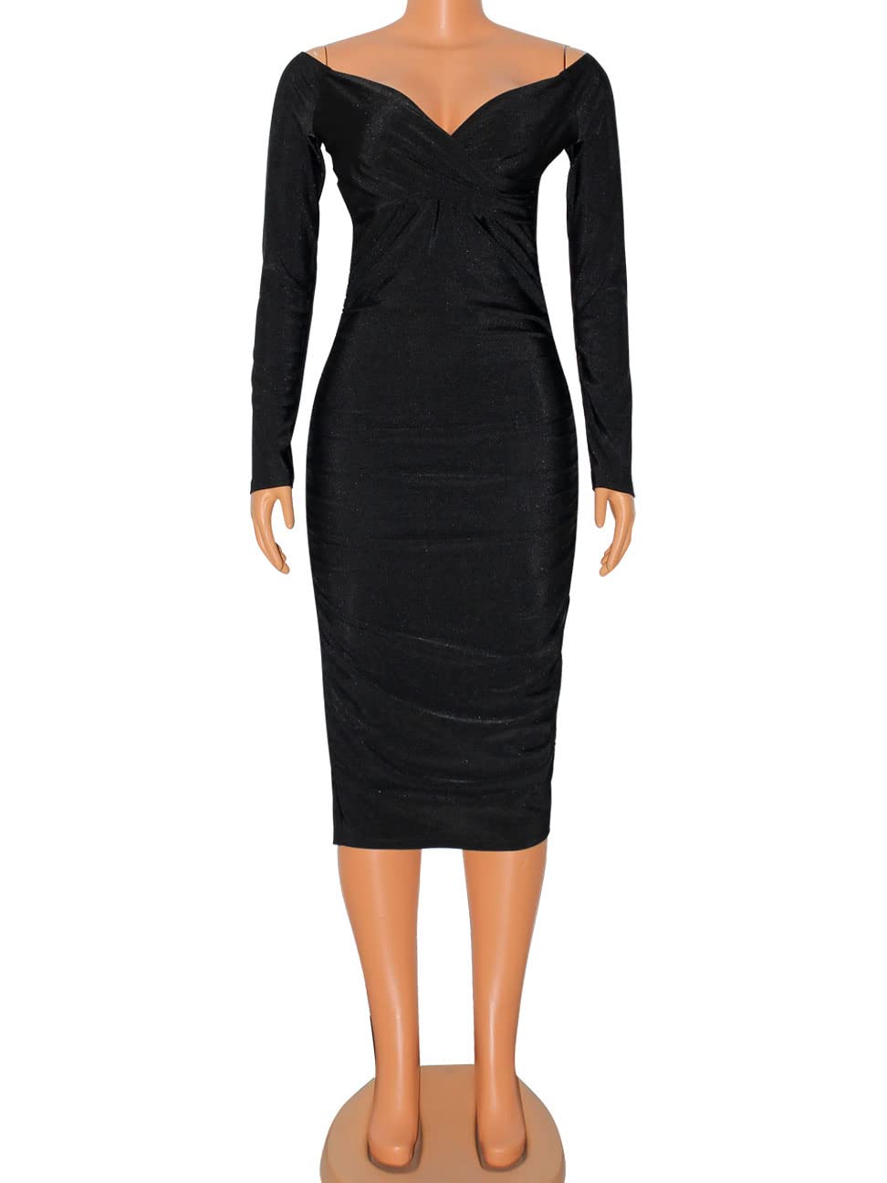 Elainone Women's Off Shoulder Long Sleeve Ruched Bodycon Midi Dress - Wedding Guest, Cocktail Party & Club Wear - Elegant Bodycon Dress for Date Night & Special Occasions