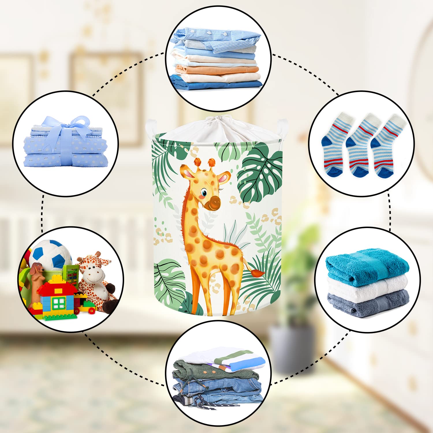 Clastyle Tropical Leaves & Woodland Animal Laundry Basket - Cute Giraffe & Bird Decor, Baby Clothes Hamper, Round Toy Storage Basket for Nursery, Kids Room - Perfect for Baby Shower Gifts & Toddler Organization