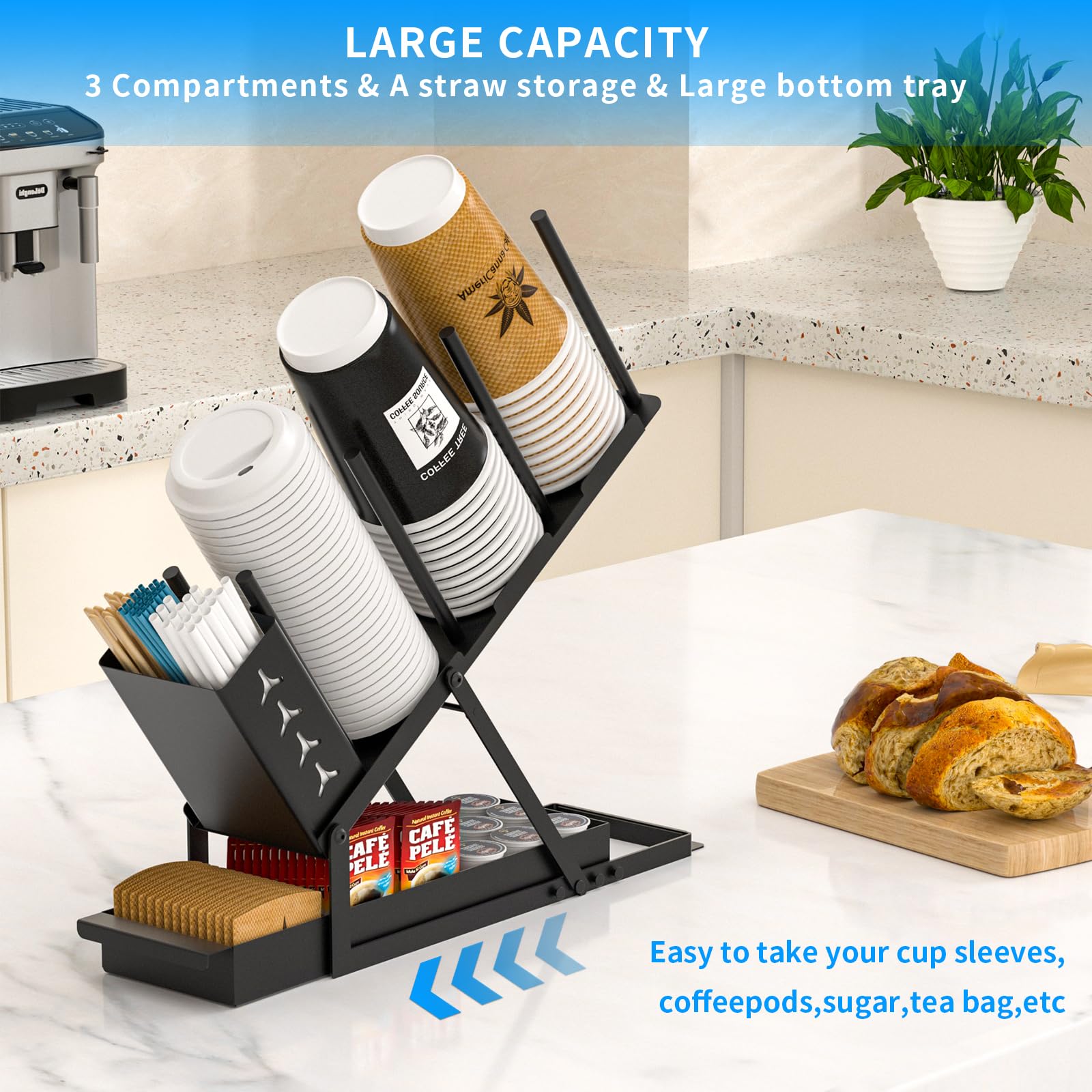 RCHYFEED Metal Coffee Cup and Lid Holder with Straw Organizer - Countertop Coffee Station Dispenser for Disposable Paper Cups, Plastic Cups & Lids - Perfect for Coffee Bars, Offices, and Home Kitchens