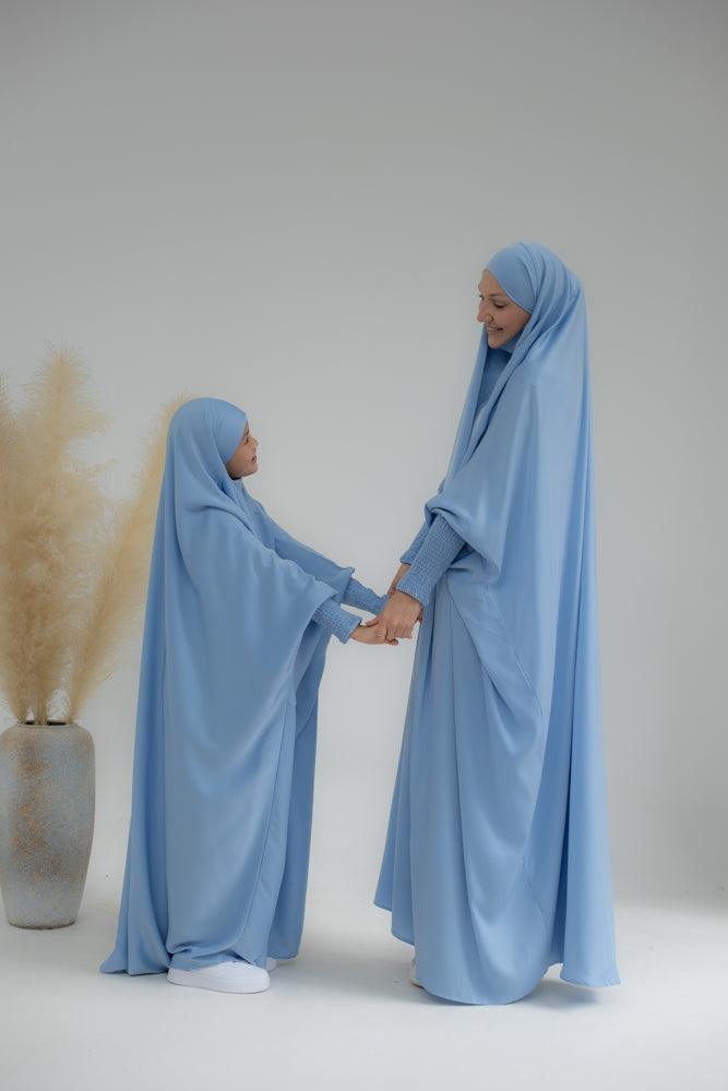 Little Gretaah Khimar Style Prayer Gown for Kids - Sky Blue with Ribbed Sleeve Cuffs | Perfect for Islamic Prayer, Eid Celebrations & Modest Dress