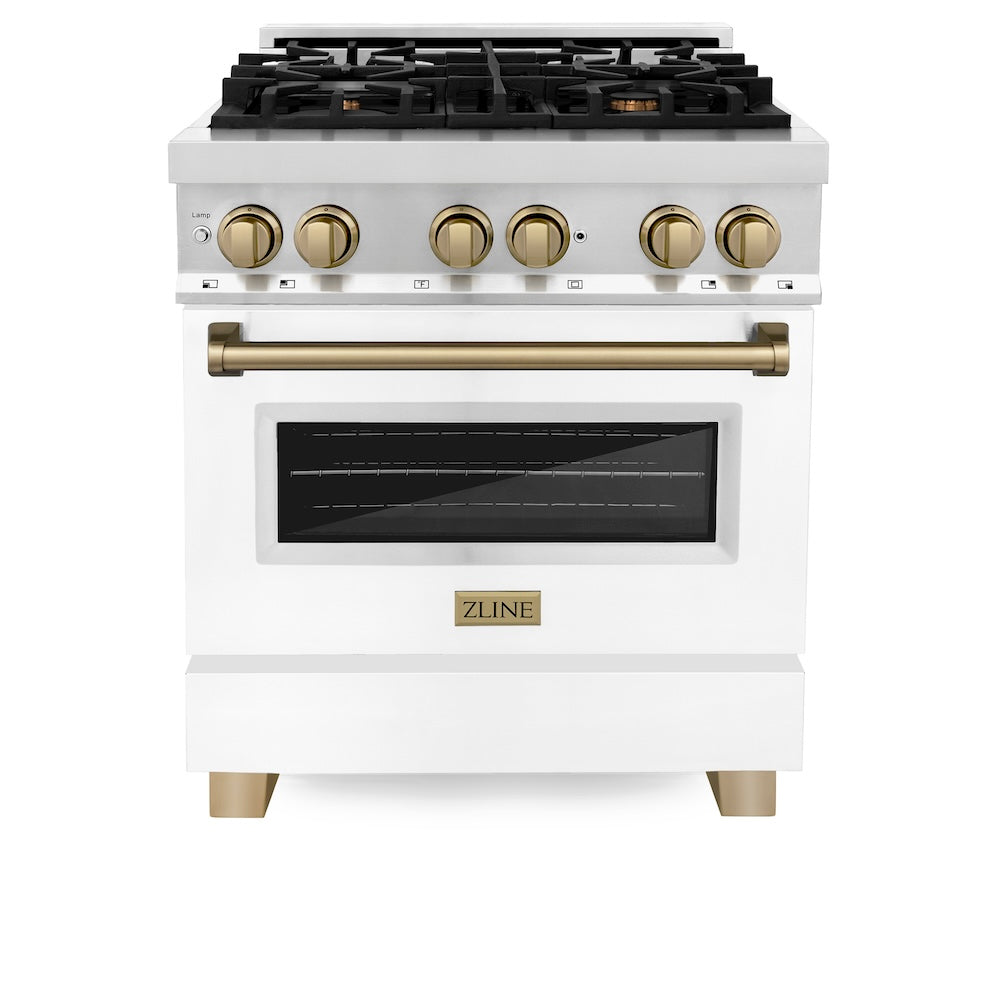 ZLINE Autograph Edition 30-inch Stainless Steel Dual Fuel Range with White Matte Door, Range Hood & Dishwasher - Champagne Bronze Accents (3AKP RAWMRHDWM30 CB) | Premium Kitchen Package for Modern Homes & Gourmet Cooking