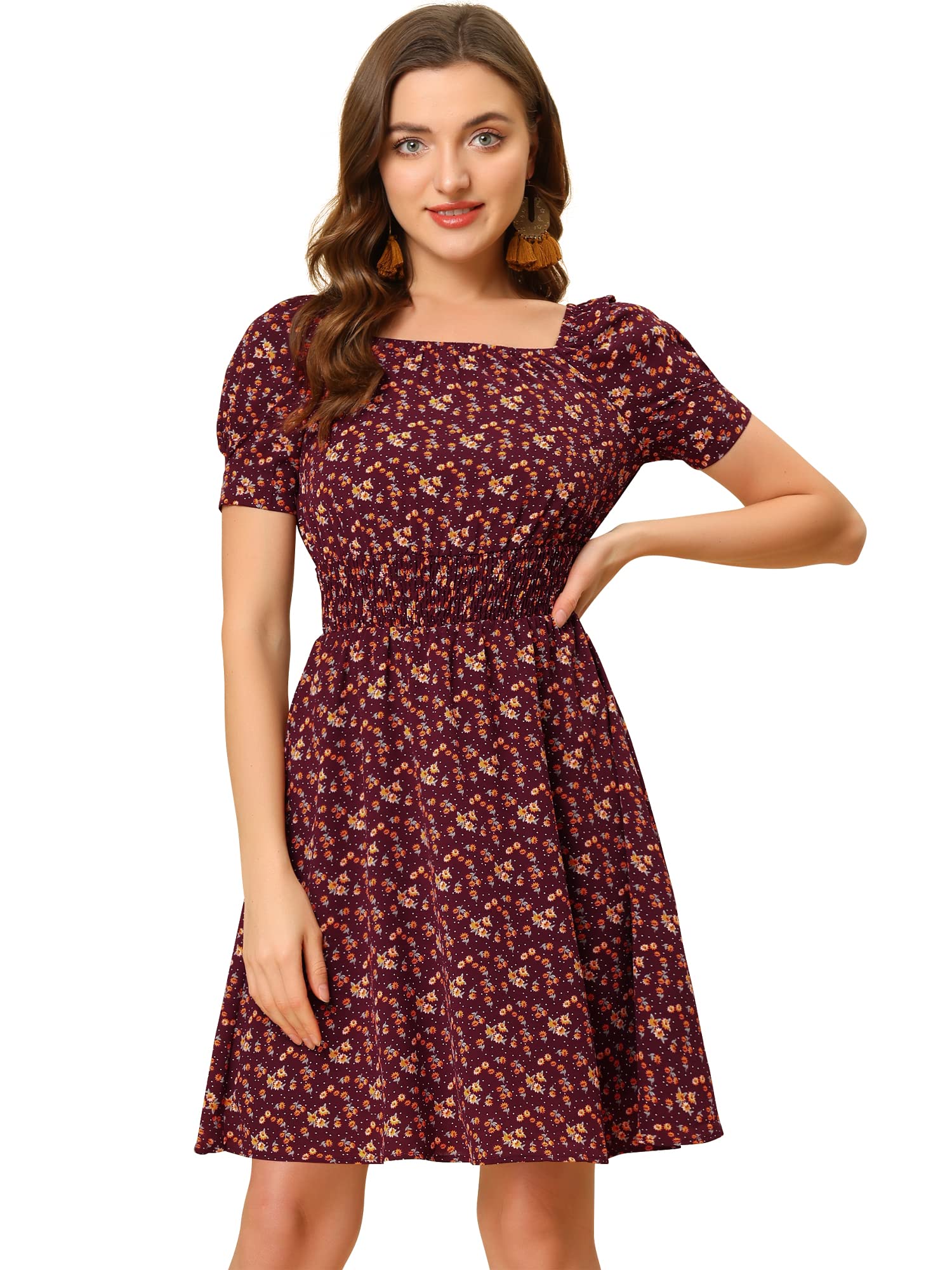 Allegra K Women's Floral Print Dots Square Neck Smocked Waist Puff Sleeve Dress - Perfect for Summer Parties, Weddings & Casual Outings