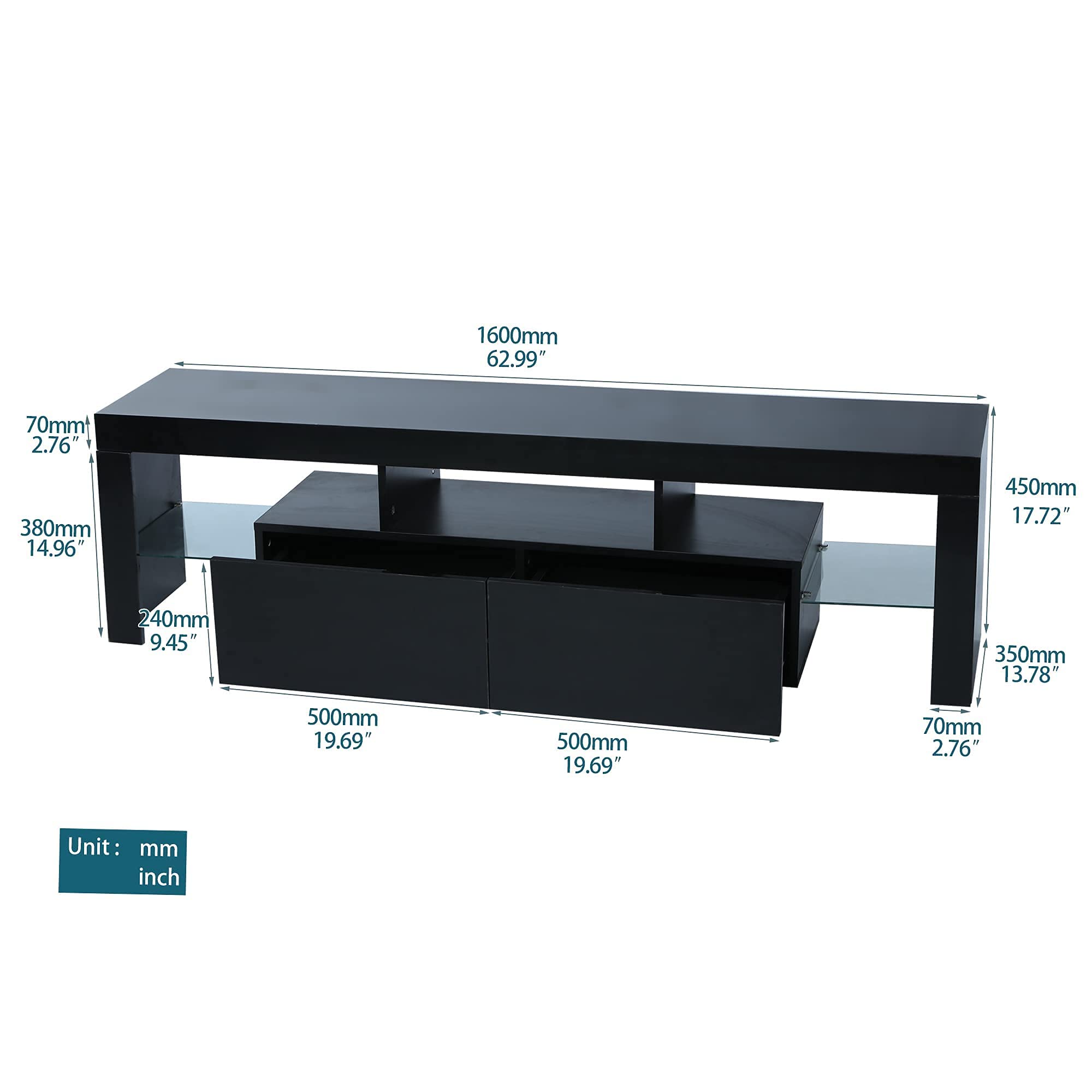63 Inch High Glossy Modern TV Stand with LED Lights - 16 Color Changing TV Cabinet with 2 Storage Drawers - Entertainment Center for 70 Inch TVs - Black Living Room Furniture for Home Theater & Gaming Setup