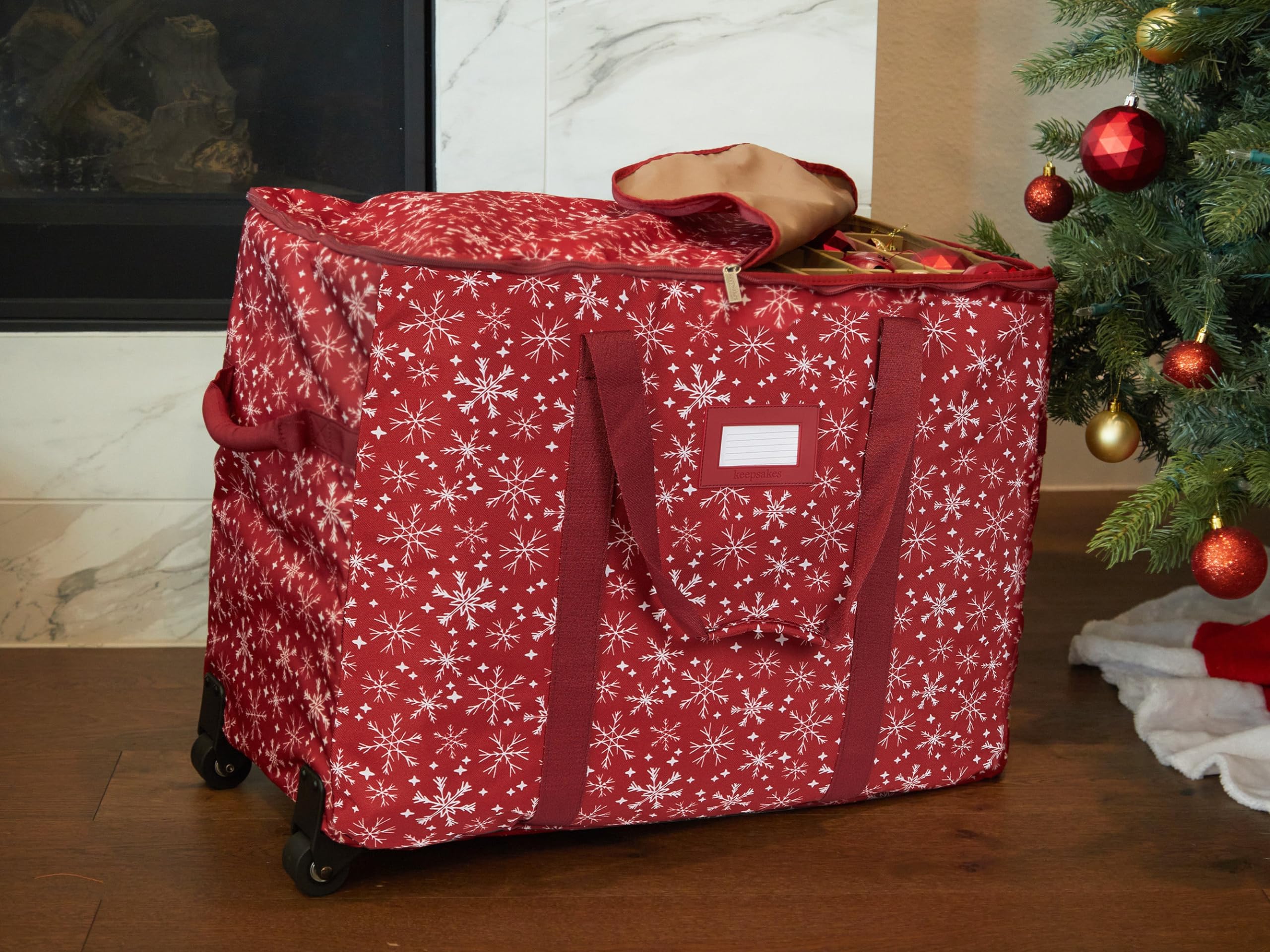Covermates Keepsakes Rolling Adjustable Ornament Storage Bag with Carrying Handles - Padded Protection & Dual Wheels for Holiday Decorations - Red Snowflake Design - Perfect for Christmas Tree Ornament Storage and Seasonal Decoration Organization