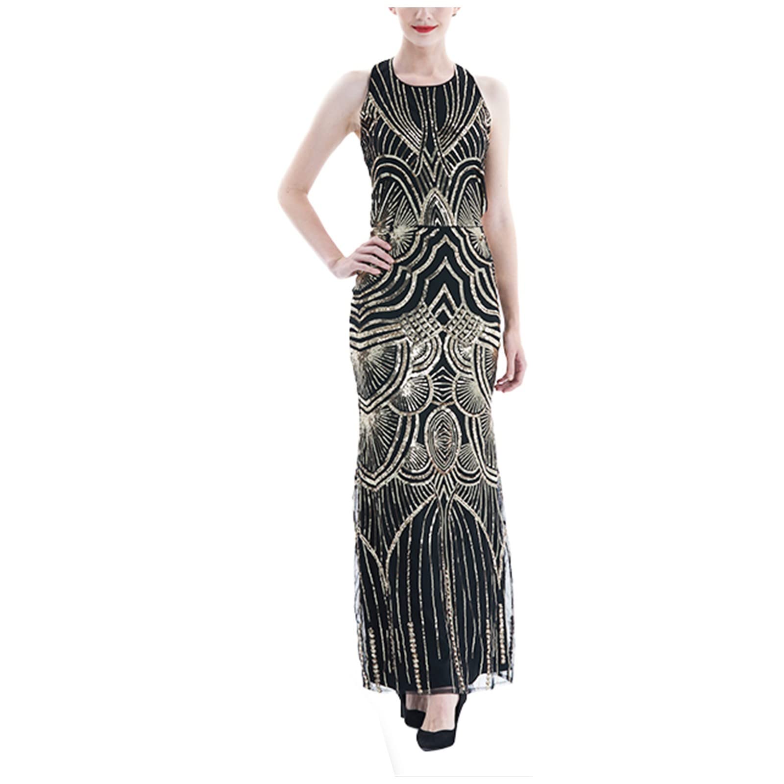 Vintage 1920s Flapper Sequin Beaded Midi Dress with Tassels - Women's Gatsby Party Night Gown for Roaring 20s Theme, Cocktail Events & Costume Parties