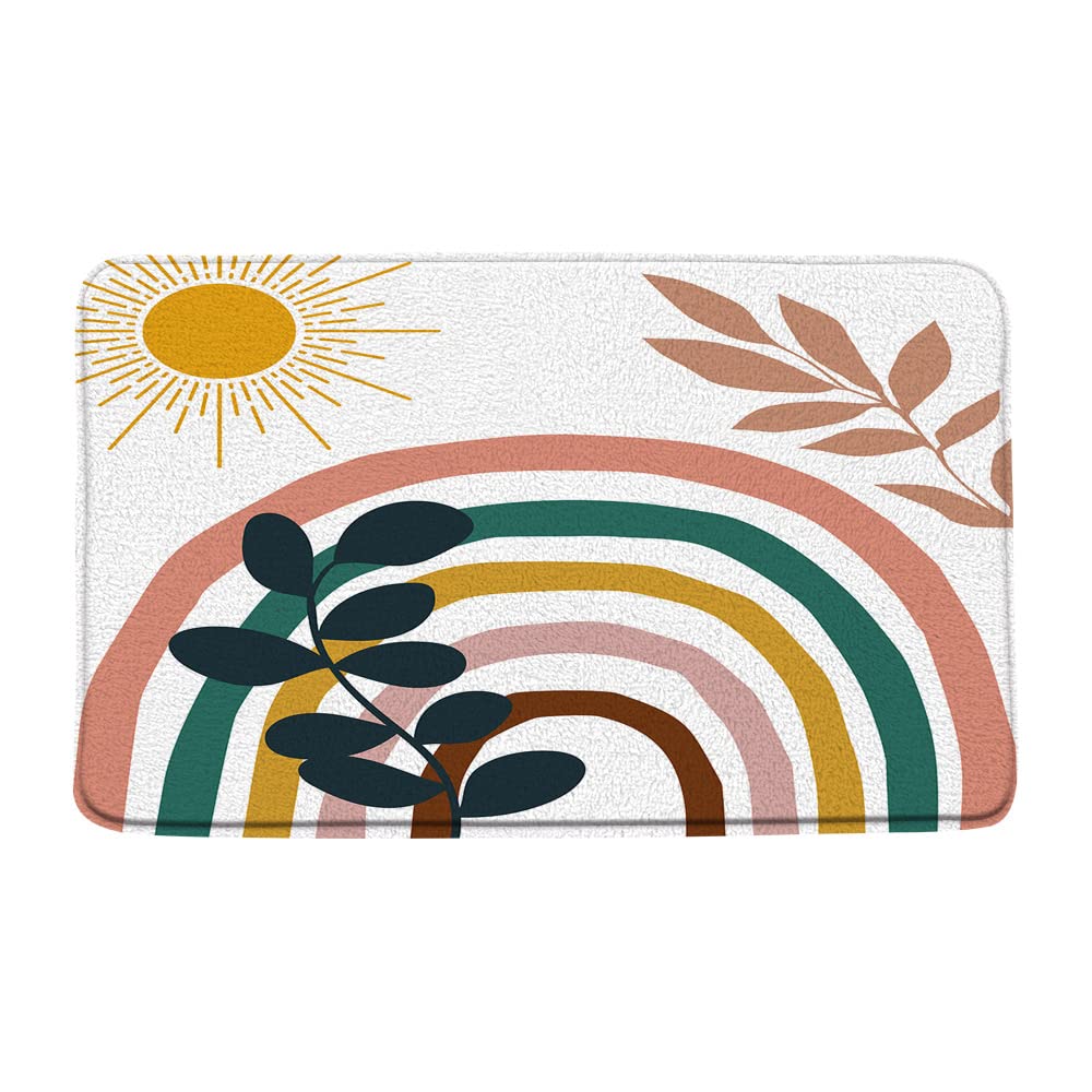 Mid Century Abstract Bath Mat - Modern Boho Arch Sun Rainbow Stripes Geometric Leaves Lines Semicircle Curve - Memory Foam Bathroom Rug for Shower, Bath & Bedroom Decor - Neutral Minimalist Aesthetic Classic Simple Art Design