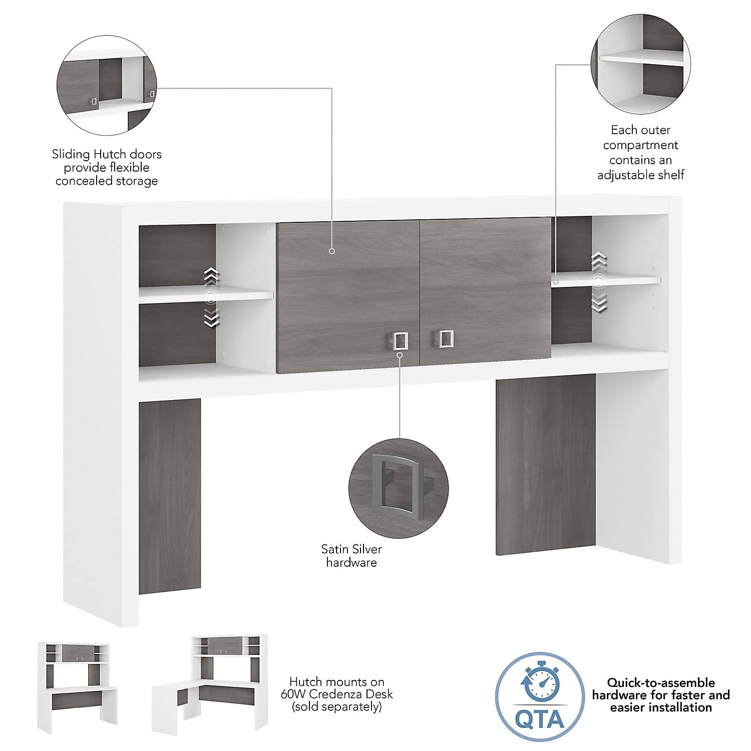 Bush Business Furniture Echo 60W Hutch - Pure White & Modern Gray Office Desk Organizer | Perfect for Home Office, Study Room & Workspace Organization