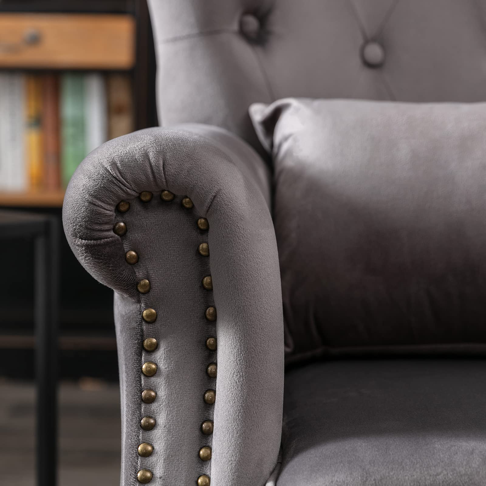 Midcentury Modern Accent Reading Arm Chairs Set of 2 - Velvet Grey Wingback Club Chairs with Button Tufted Back & Lumbar Pillow for Living Room, Bedroom, Office Waiting Area | Perfect for Reading Nooks, Lounge Spaces & Cozy Corners