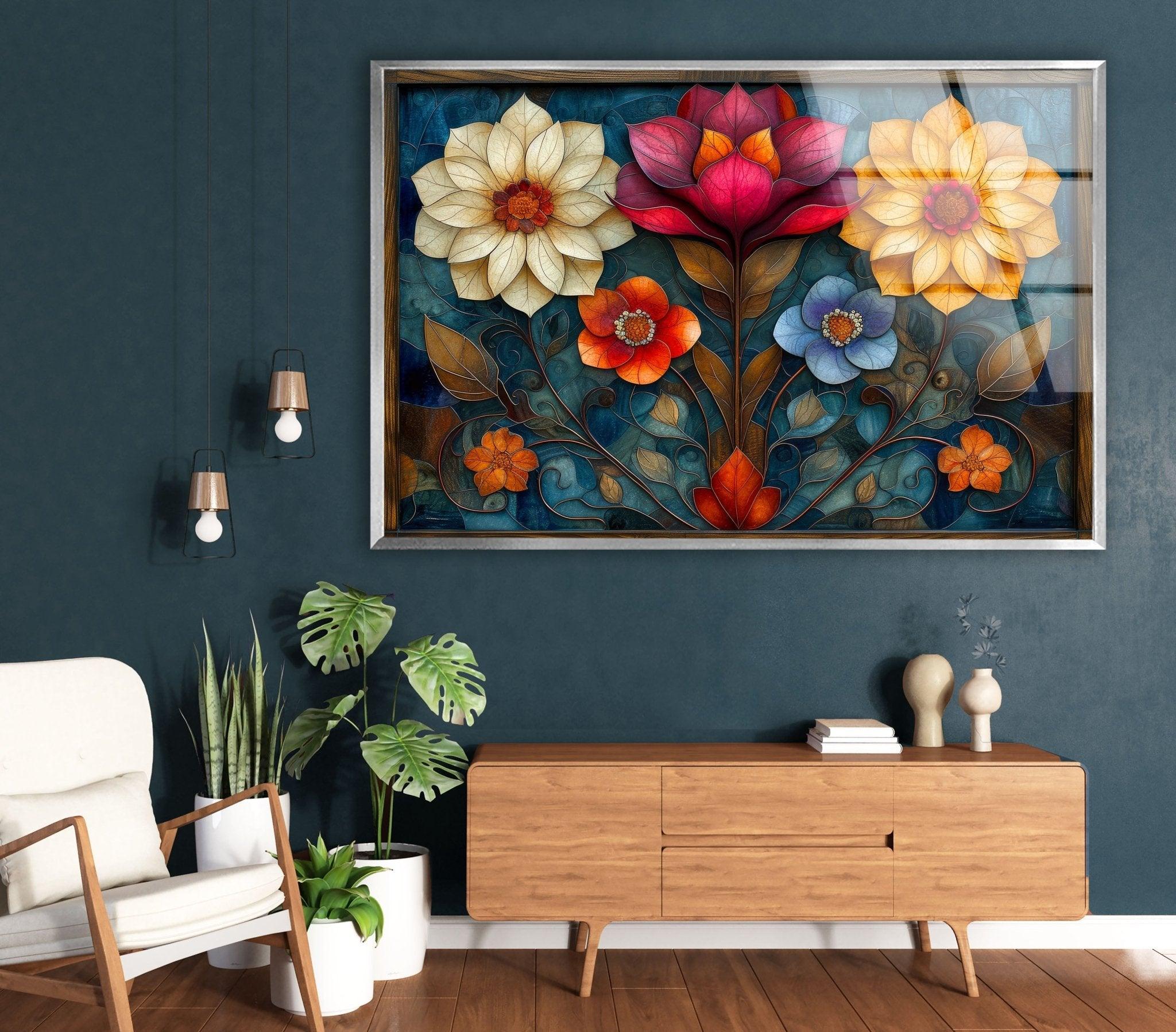 Art Nouveau Flowers Glass Wall Art - Handmade Stained Glass Decor for Home & Office - Perfect for Living Room, Bedroom, or Gift