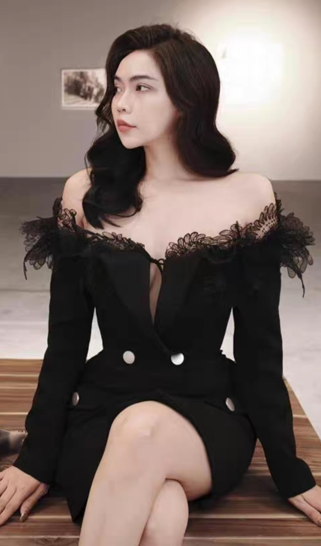 3D Embroidered Off Shoulder Mini Dress for Women - Double Breasted Black Party Dress - Perfect for Night Out, Date Night & Special Occasions