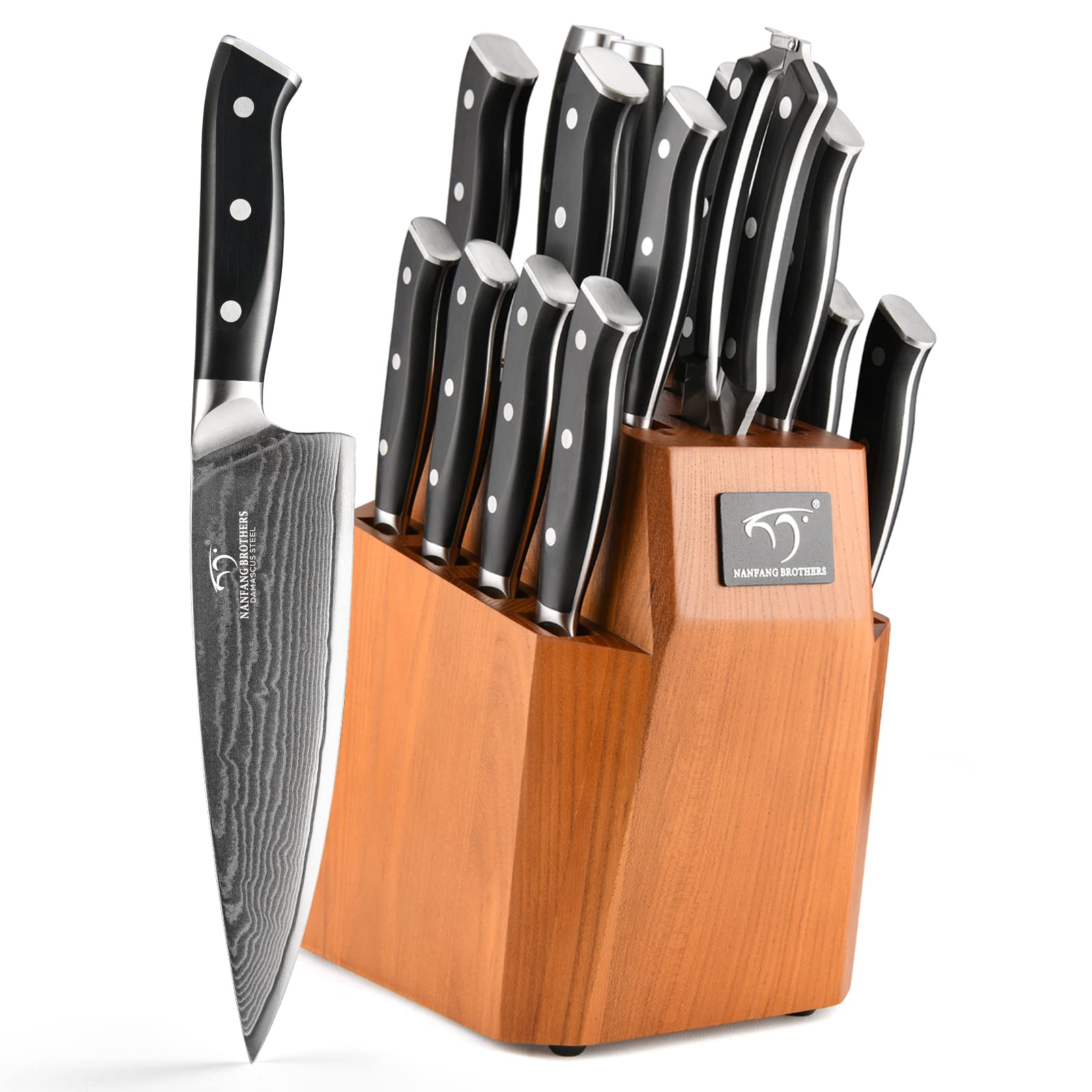 Premium 18-Piece Damascus Steel Kitchen Knife Set with Wooden Block - Chef Knives, Utility Knives, Paring Knives, Knife Sharpener & Kitchen Shears - Ergonomic ABS Handles for Professional Cooking & Home Kitchen Use - Perfect Gift for Chefs & Cooking Enthusiasts