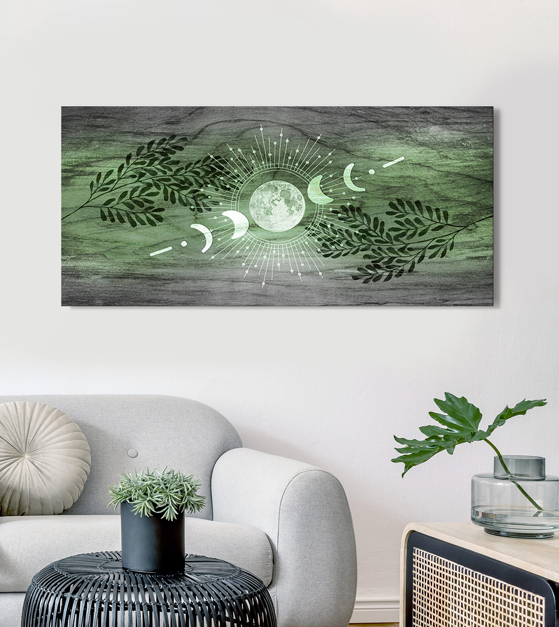 Boho Moon Phases Framed Large Canvas Wall Art - Bohemian Home Decor with Rustic Style, Modern Moon Phase Design (Green, 42x19 Inches) Perfect for Living Room, Bedroom or Office Decor