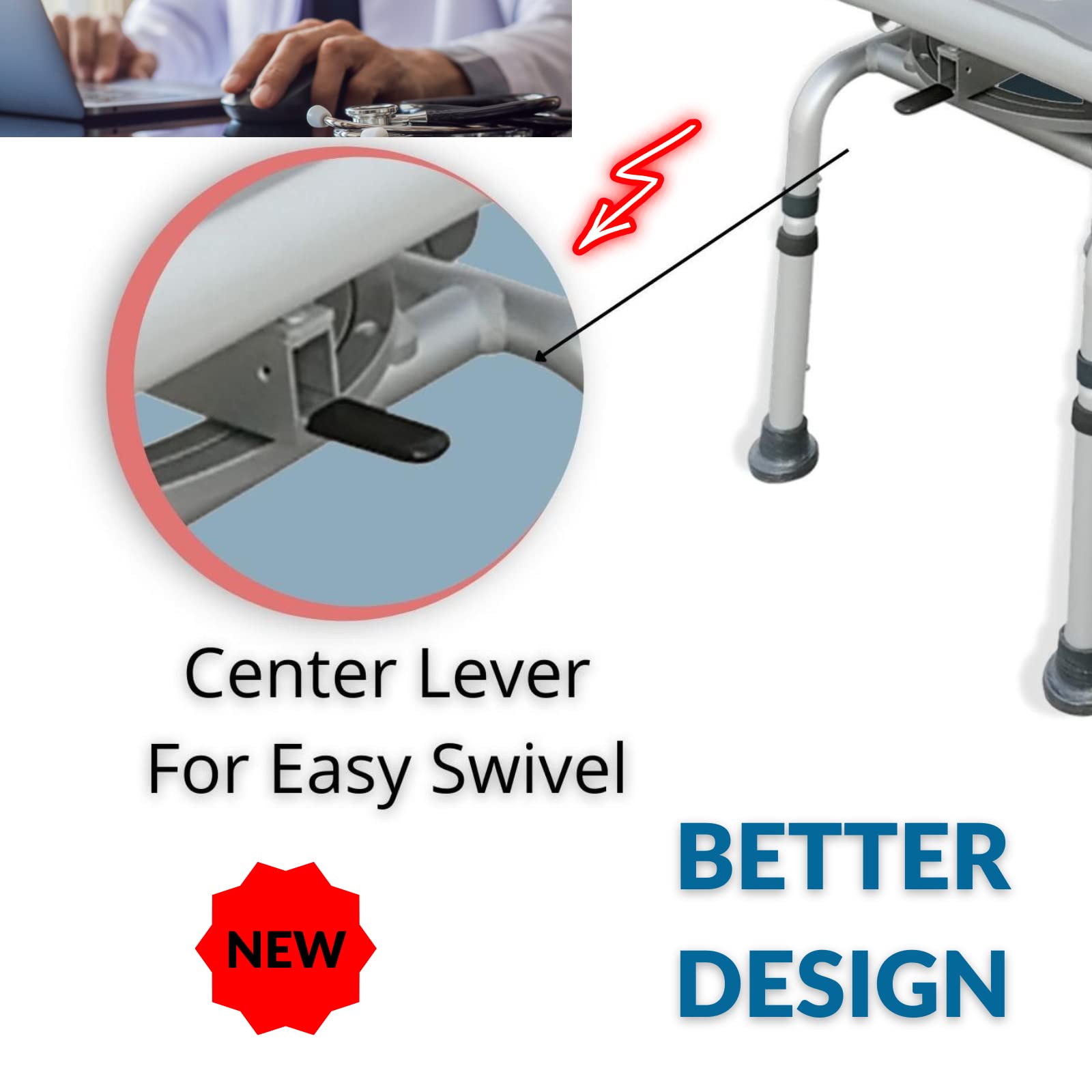 Premium 360° Swivel Shower Chair with Padded Seat & Backrest - Adjustable Bath Bench for Elderly & Disabled - Locking Mechanism & Center Lever for Safety - Ideal for Bathroom, Spa & Mobility Assistance