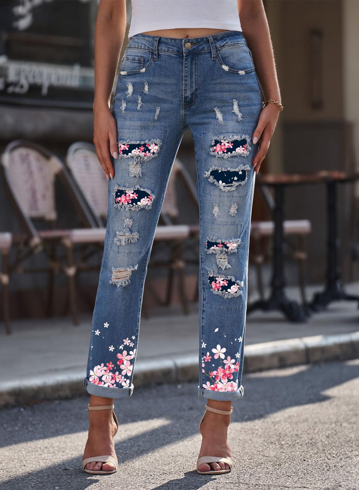 EVALESS Women's Ripped Boyfriend Jeans - Distressed Skinny Denim Pants with Plaid Patch Design | Casual Streetwear, Weekend Outfits & Fashion Styling