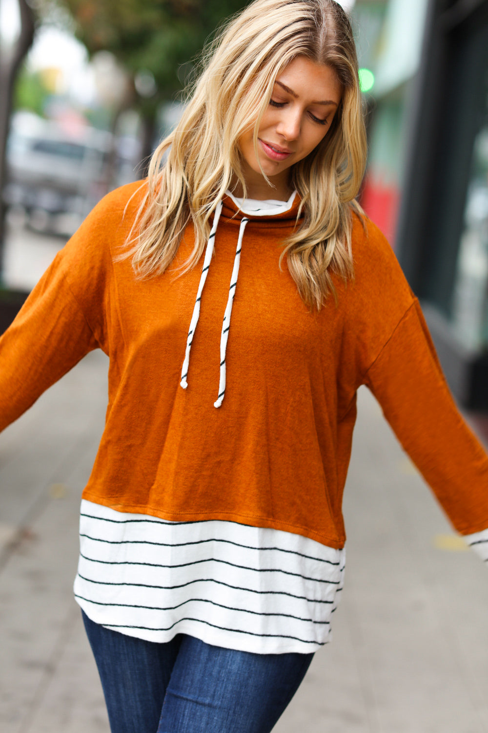 Everyday Rust Stripe Hacci Knit Turtleneck Top for Women - Soft Comfortable Long Sleeve Sweater for Fall & Winter | Perfect for Office, Date Night and Casual Outfits