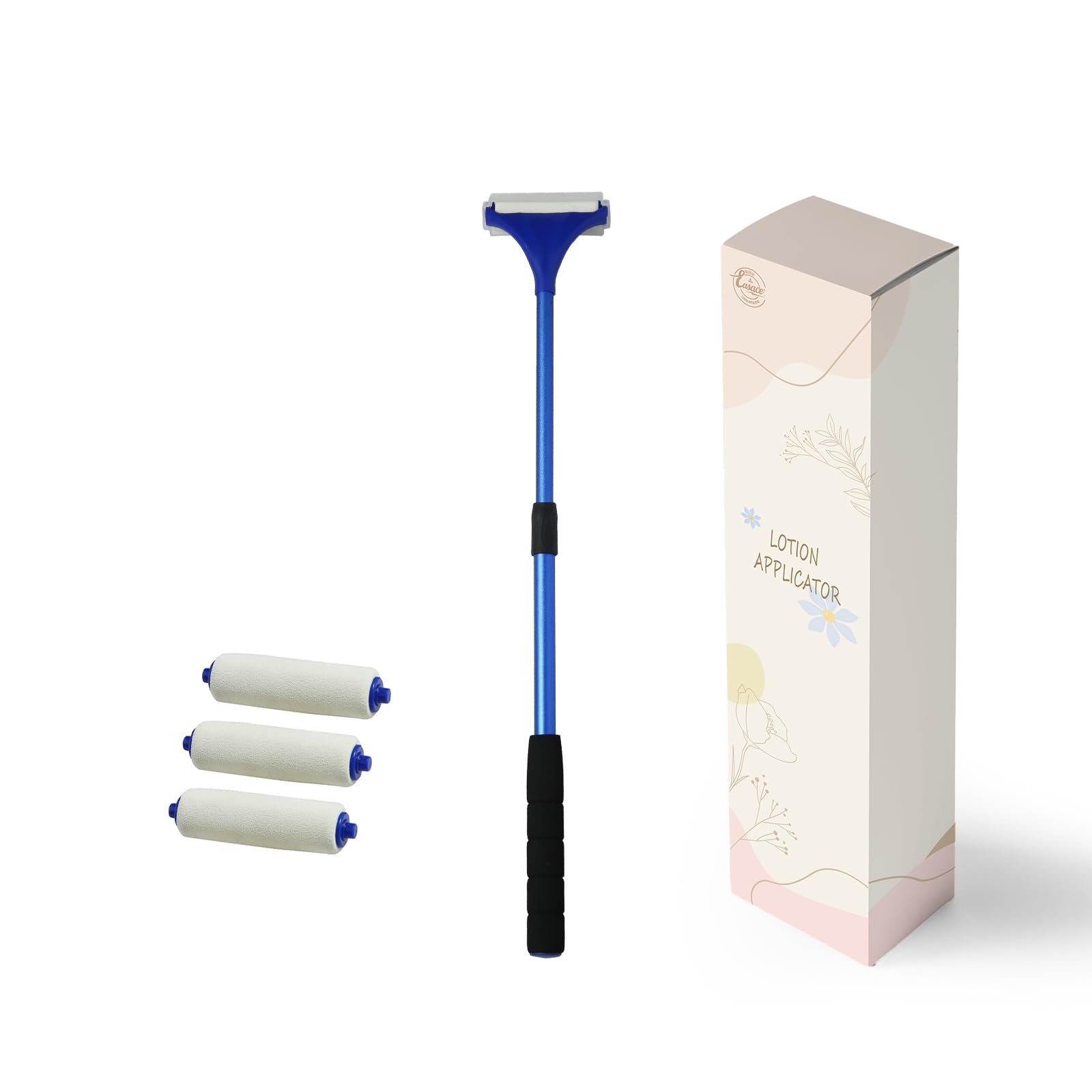 EASACE 21 Inch Long Handle Lotion Applicator for Back - Portable Back Lotion Applicator with 3 Replacement Rollers - Self Care Massage Tool for Hard-to-Reach Areas (Blue) - Perfect for Sunscreen, Moisturizer & Pain Relief Cream Application