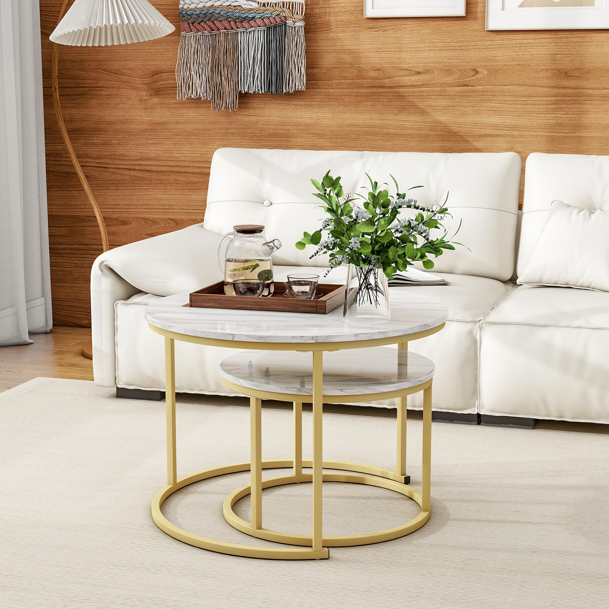 Round Coffee Table Set of 2 - Modern White Marble Nesting Side Tables with Golden Metal Frame, Wooden Accent Furniture for Living Room, Bedroom & Office - Stackable End Tables for Small Spaces & Home Decor