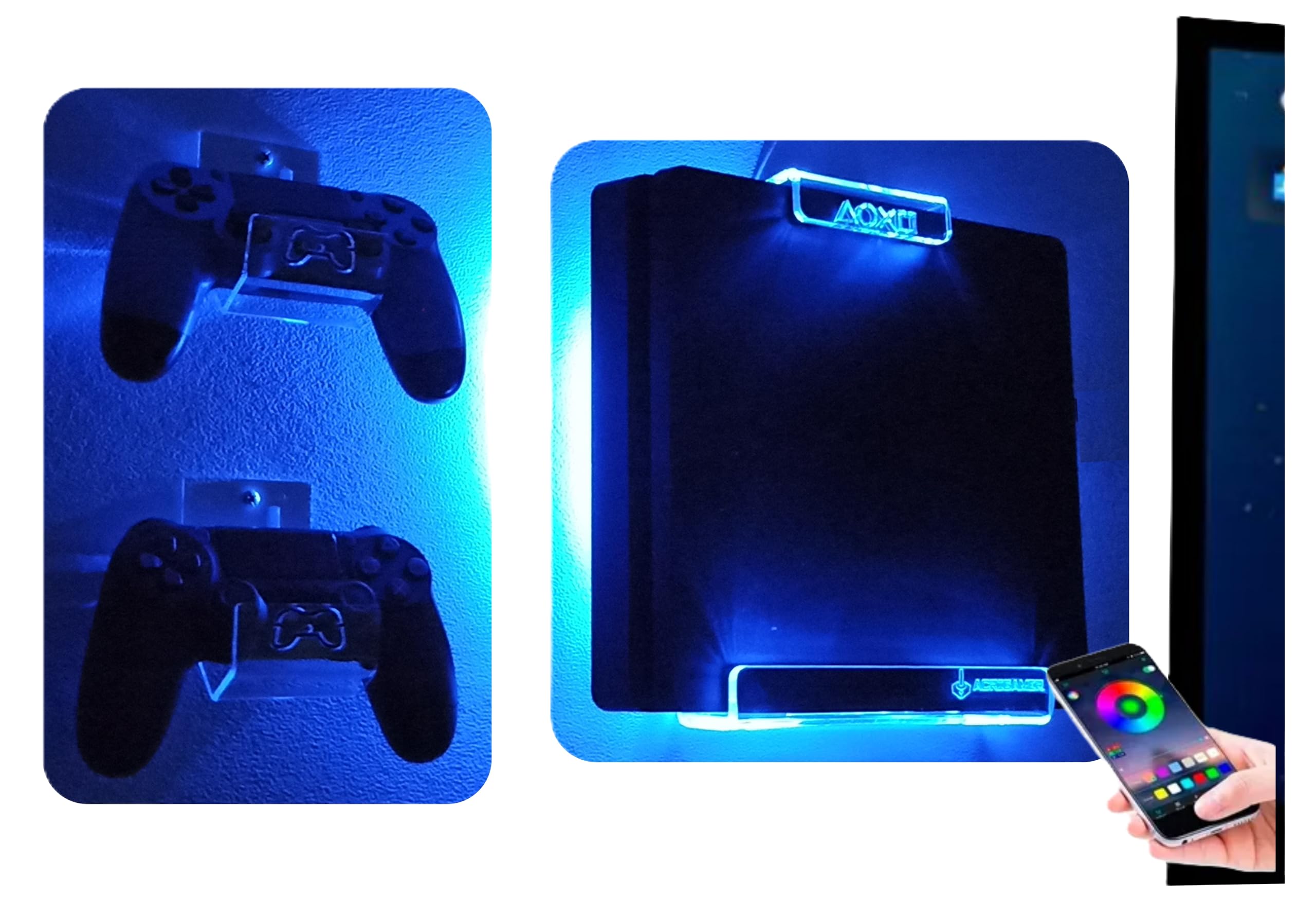 Wall Mount for PlayStation 4 PS4 & PS4 Pro - Multicolor LED Lighting Kit with 2 Controller Holders - Perfect for Gaming Room Setup & Space Saving Organization