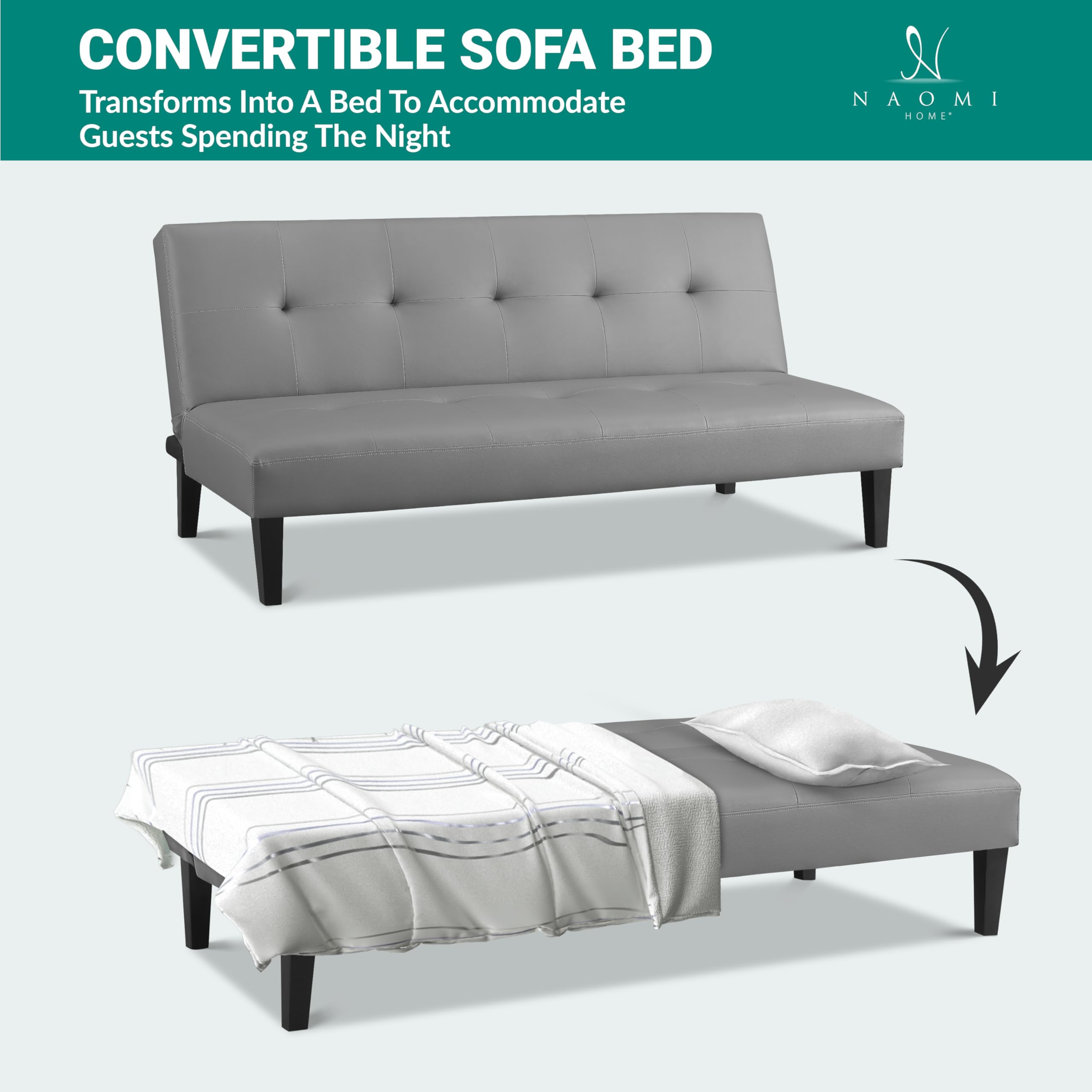 Naomi Home Gray Faux Leather Futon Sofa Bed - Modern Convertible Sofa with Wooden Legs, Reclining Small Couch Bed for Living Room, Guest Room or Office - Durable & Sturdy 66