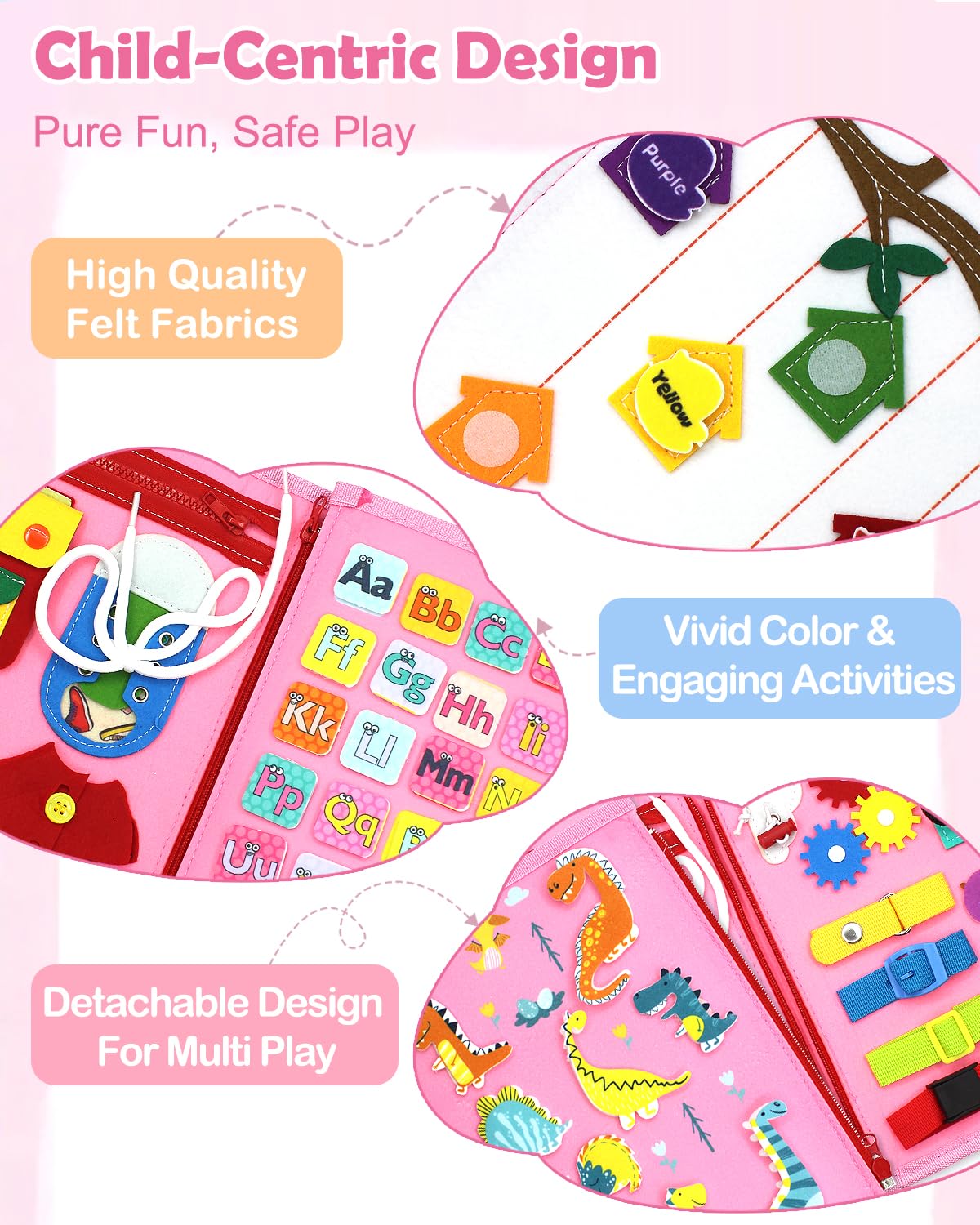 Montessori Busy Board Toy for Toddlers 1-4 - Travel Sensory Activity for Boys & Girls (Pink Dino) - Perfect for Car & Airplane Learning