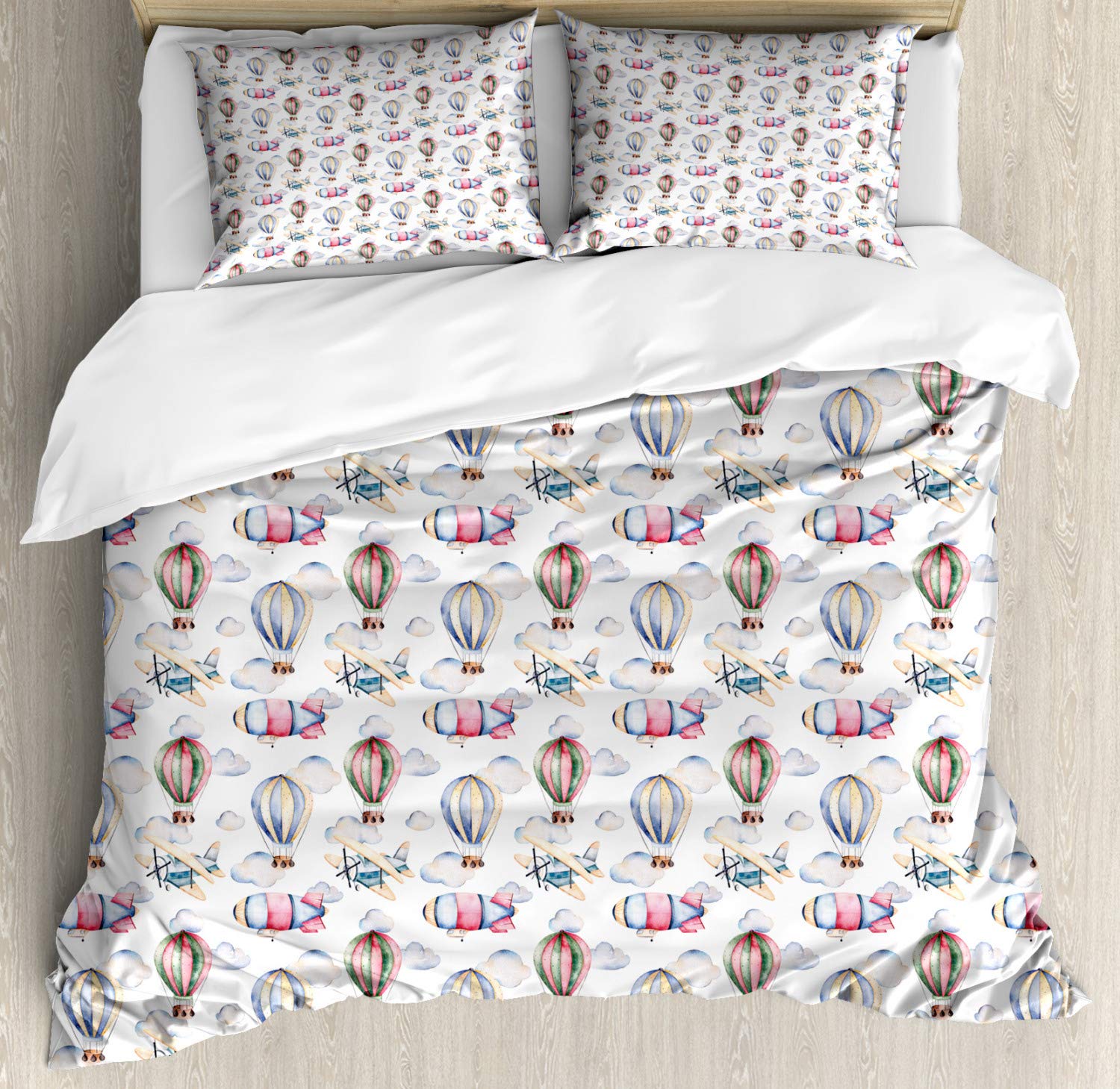 Ambesonne Cartoon Airplane Duvet Cover Set | Watercolor Hot Air Balloons & Aircraft Design | Pastel Color 3-Piece Bedding Set with 2 Pillow Shams | California King Size | Multicolor | Perfect for Kids' Room, Nursery Decor & Themed Bedroom Design