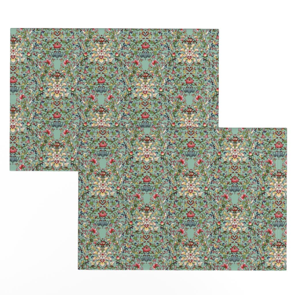 Premium Linen Cotton Canvas Placemats Set of 2 - Asian Inspired Floral Damask Scroll Print Table Mats for Dining Room Decor, Chinese Style Home Accessories, Perfect for Parties & Holiday Tablescapes