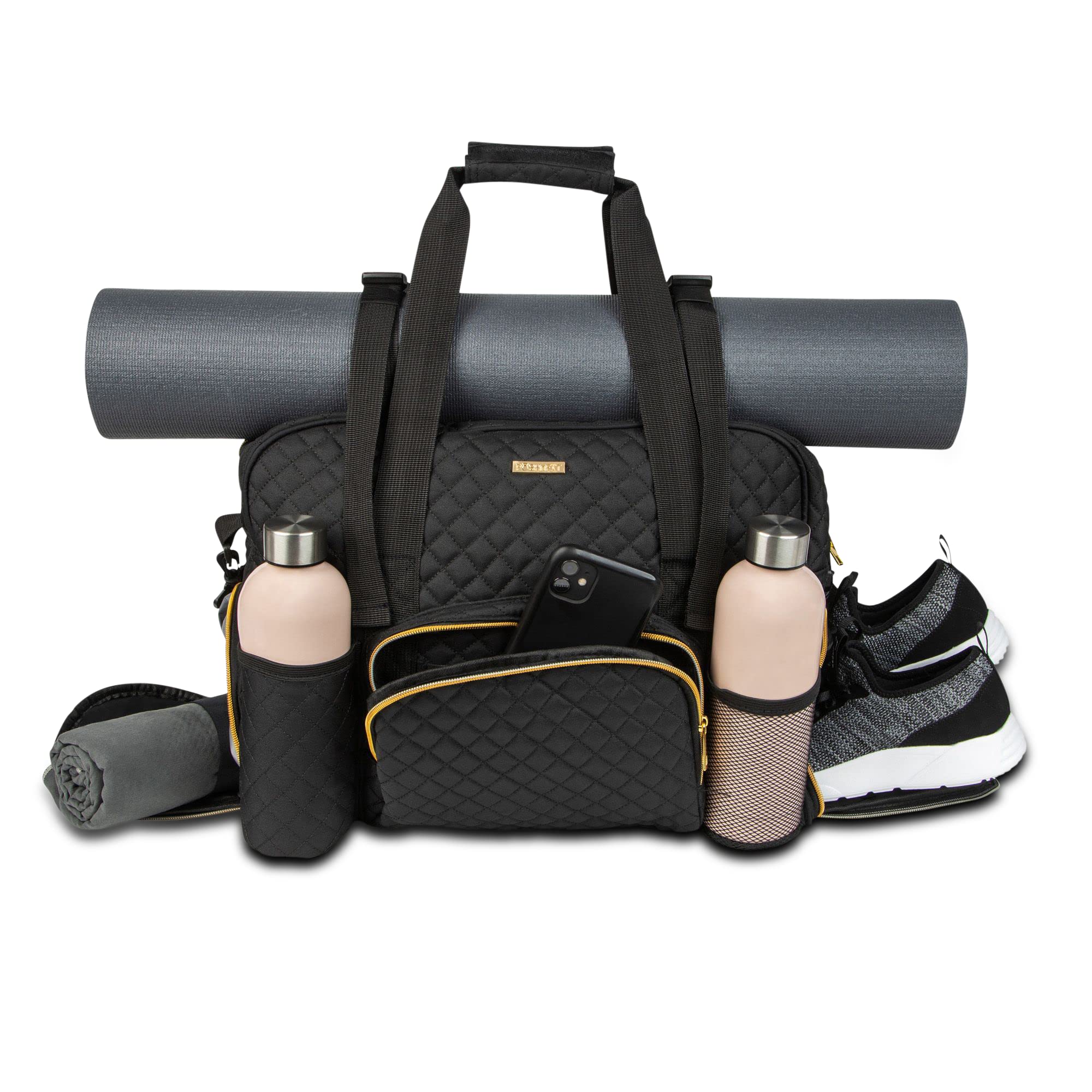 Waterproof Women's Gym Duffel Bag with Wet Storage & Yoga Mat Compartment - Quilted Black Travel Weekender for Fitness, Yoga & Carry-On Luggage | Perfect for Workouts, Beach Trips & Weekend Getaways