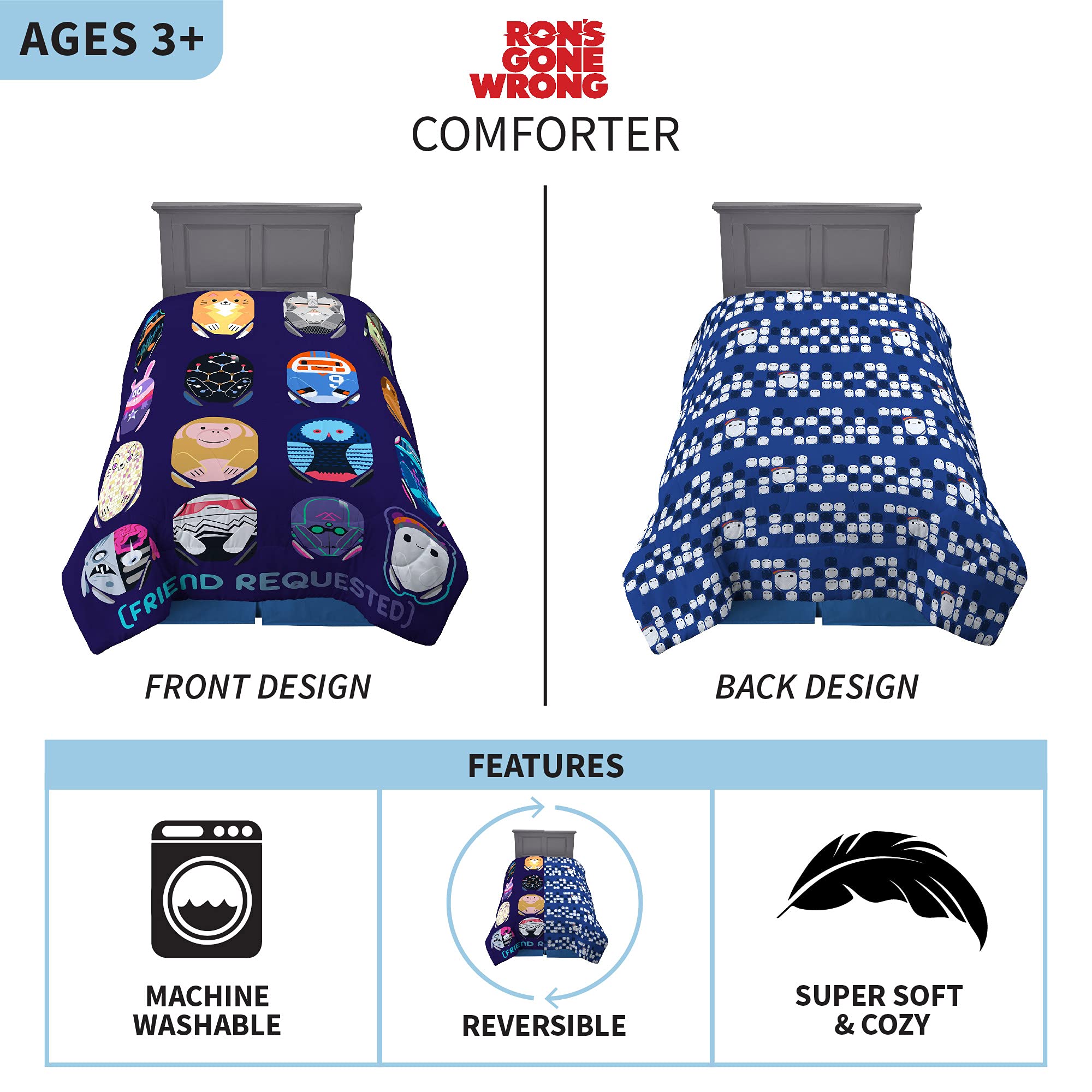 Franco Kids Bedding Super Soft Reversible Comforter Set - Twin/Full Size - Ron's Gone Wrong Themed - Cozy & Durable for Boys & Girls Bedrooms, Sleepovers, and Kids Room Decor