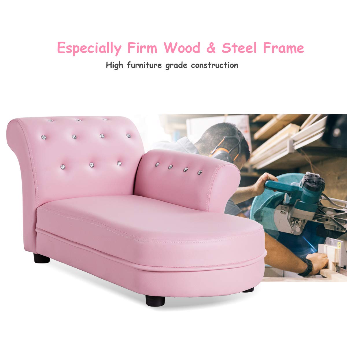 GLACER Pink Princess Toddler Sofa - PVC Leather Kids Couch with Embedded Crystals, Upholstered Chaise Lounge & Armchair for Girls | Perfect for Playrooms, Bedrooms & Birthday Gifts
