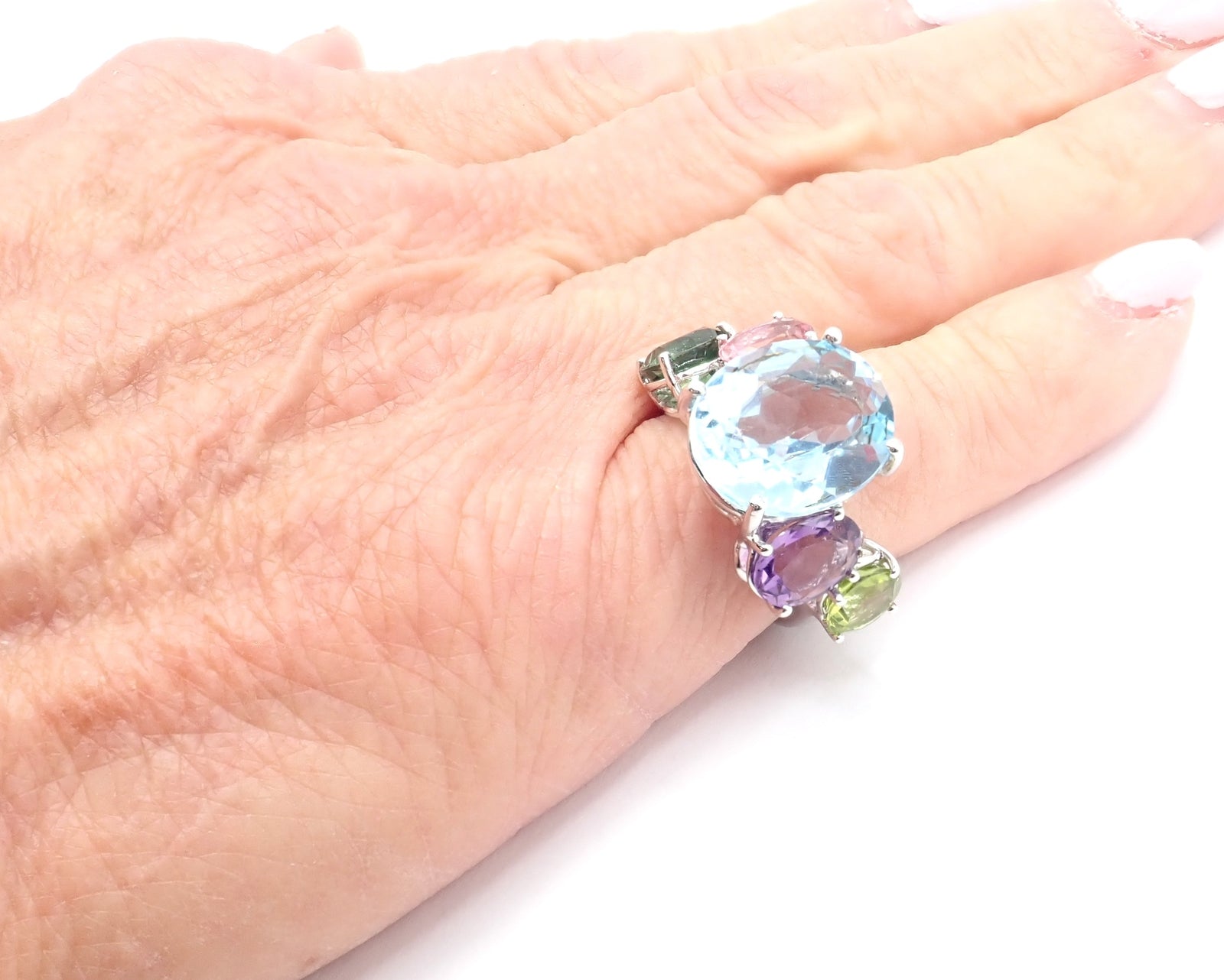 Authentic Asprey Chaos 18k White Gold Ring with Topaz, Tourmaline, Peridot & Amethyst | Luxury Statement Jewelry for Weddings, Anniversaries & Special Occasions