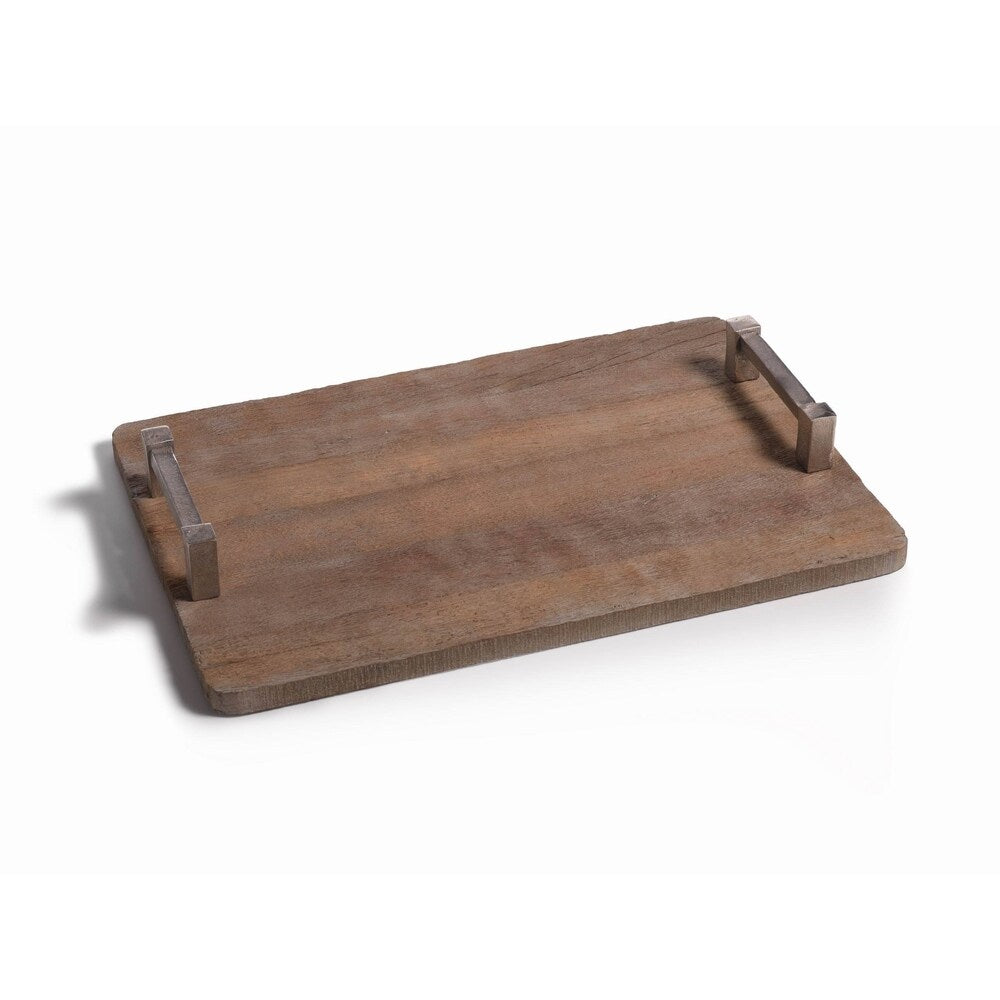 Asval 20 Inch Rustic Reclaimed Wood Serving Tray with Raw Aluminum Handle - Perfect for Coffee Table, Breakfast in Bed, and Farmhouse Home Decor