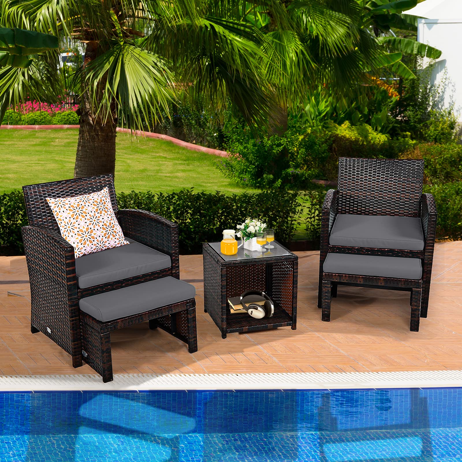 COSTWAY 5-Piece Patio Rattan Wicker Furniture Set with Cushioned Chairs, Ottoman & Side Table - Grey Outdoor Conversation Set for Backyard, Deck, Garden or Poolside Relaxation